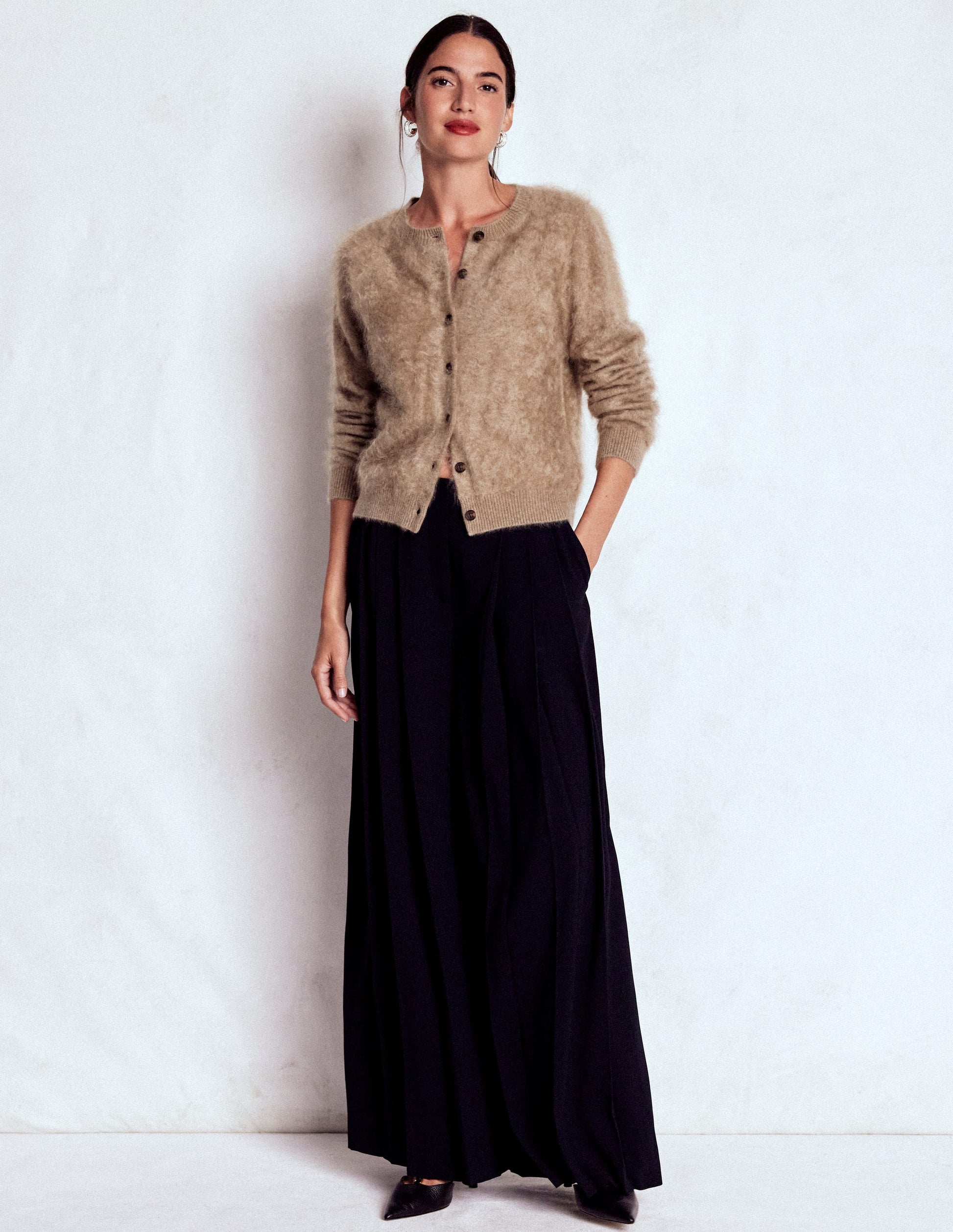 Brushed Crop Cashmere Cardigan-Dark Mink Melange-5