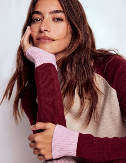 Marion Merino Rib Neck Sweater-Linen, Pinotage Colour Block-1