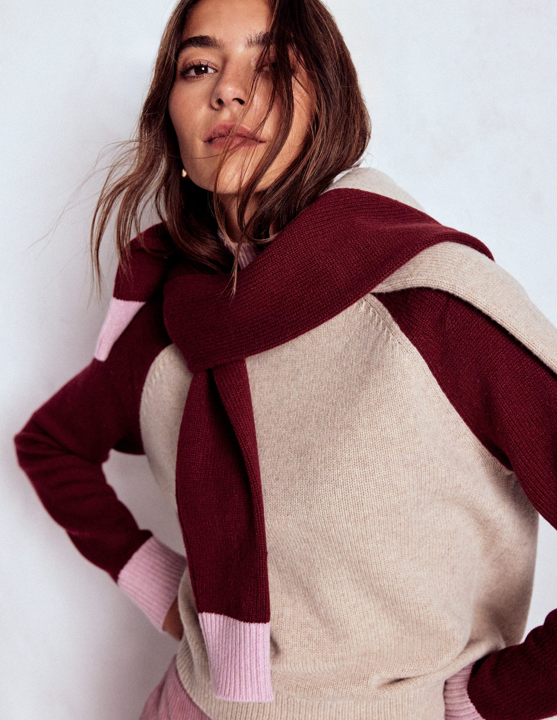 Marion Merino Rib Neck Sweater-Linen, Pinotage Colour Block-2