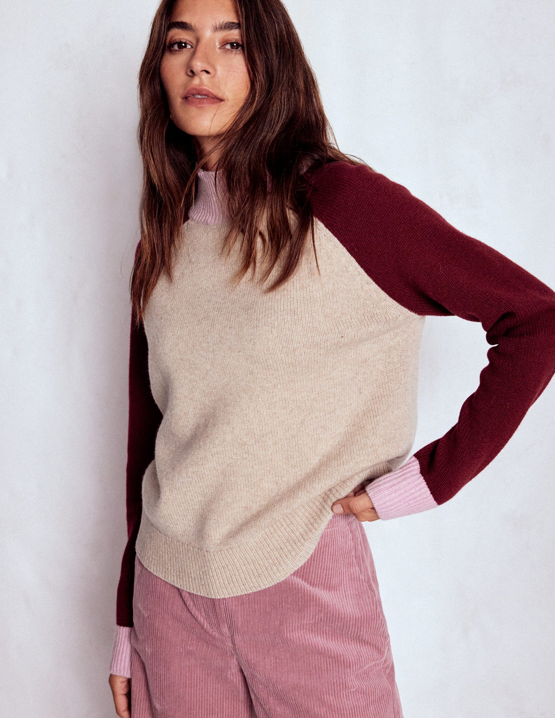 Marion Merino Rib Neck Sweater-Linen, Pinotage Colour Block-4