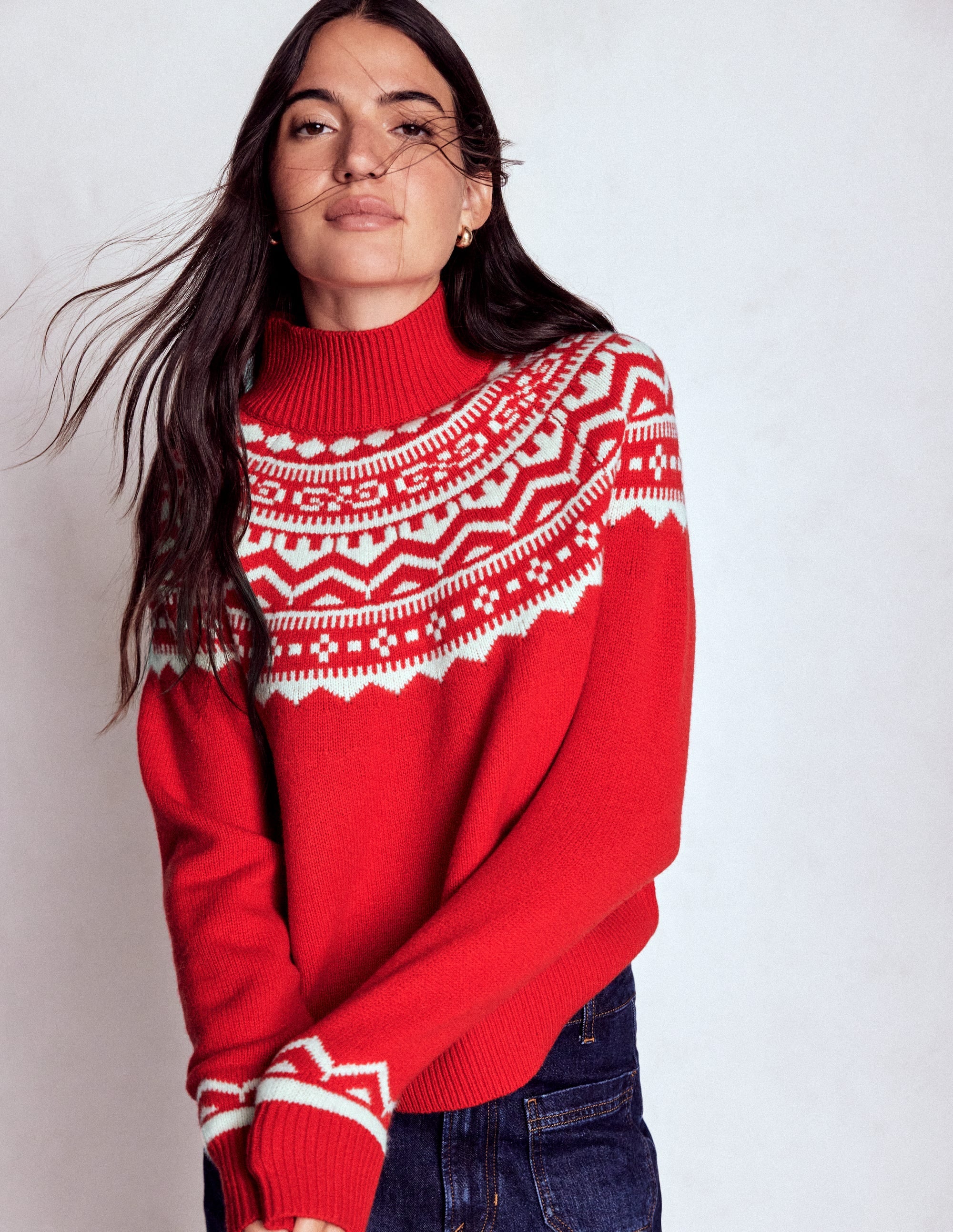 Marion Merino Rib Neck Sweater-Poppy Red Fair Isle - Image 2