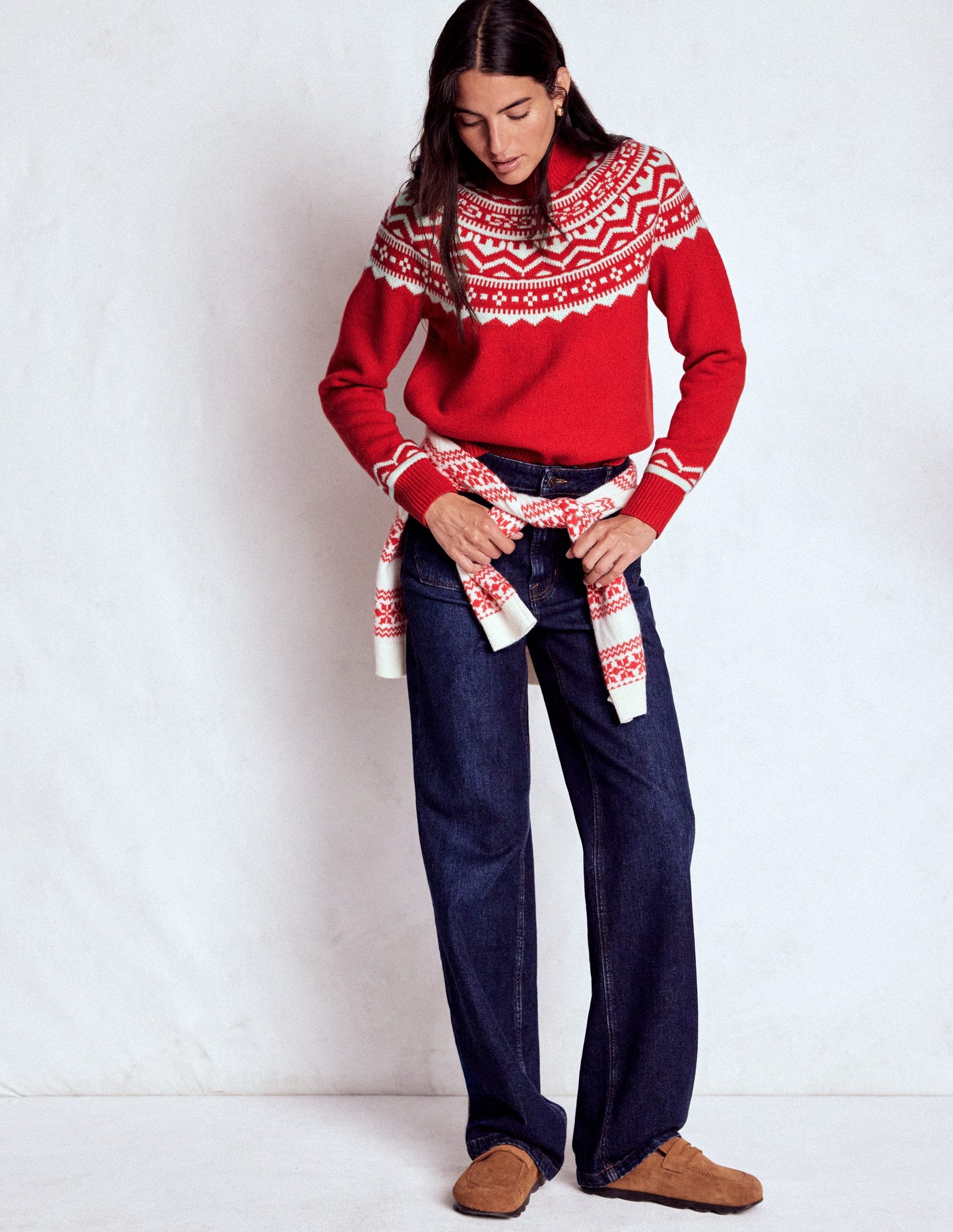 Marion Merino Rib Neck Sweater-Poppy Red Fair Isle
