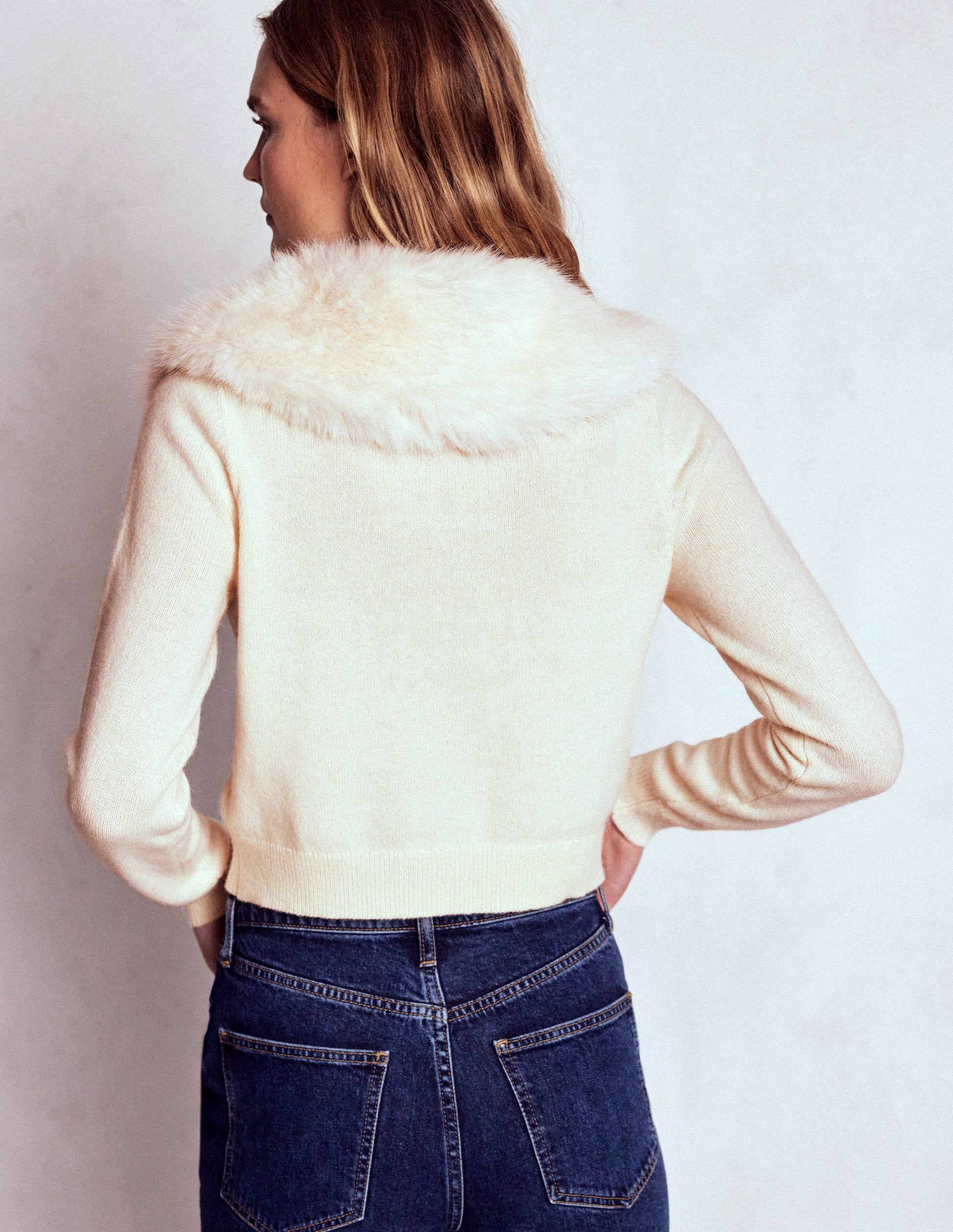 Fur Collar Cropped Cardigan-Warm Ivory-3