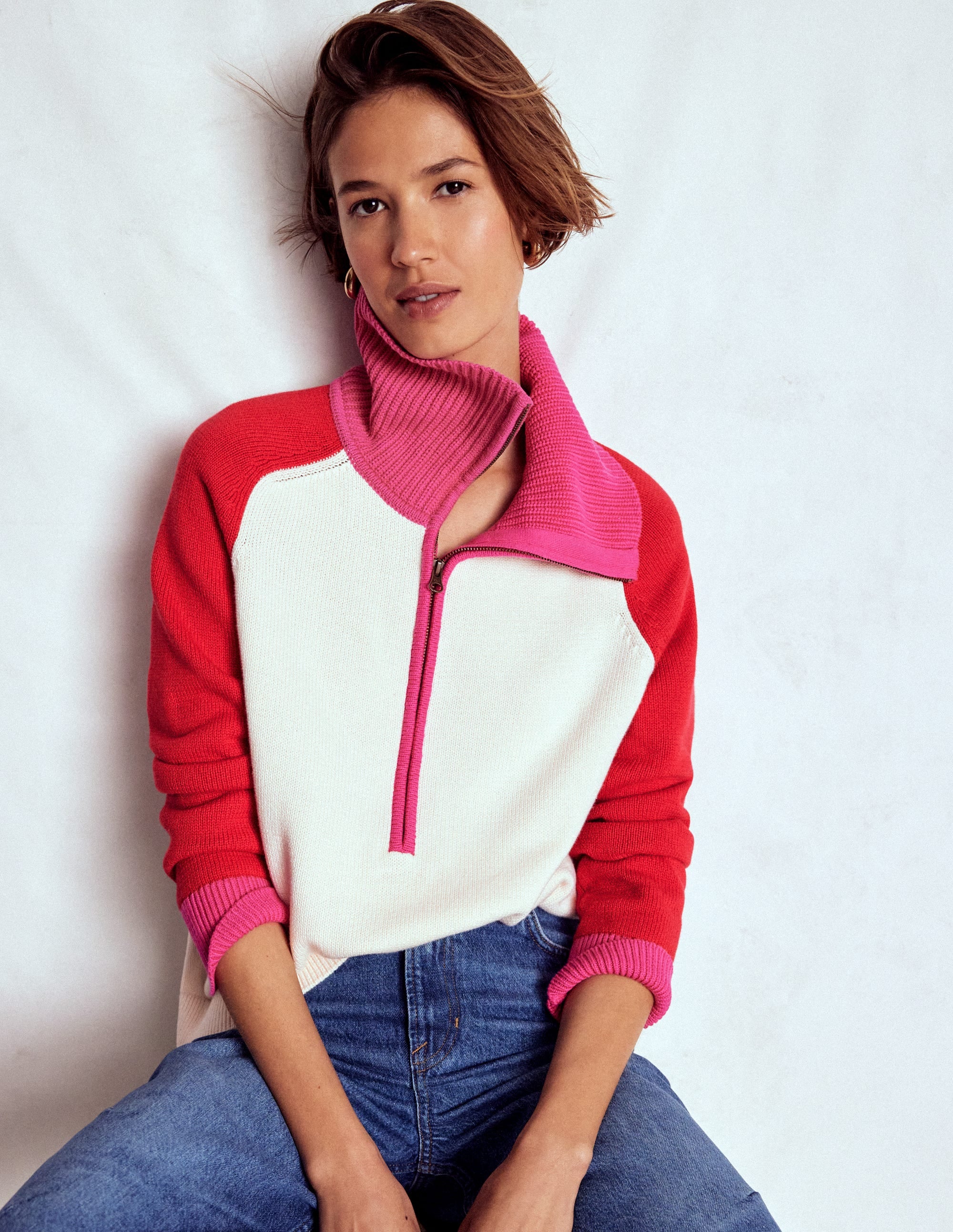 Lucy Half Zip Sweater-Warm Ivory, Red - Image 7