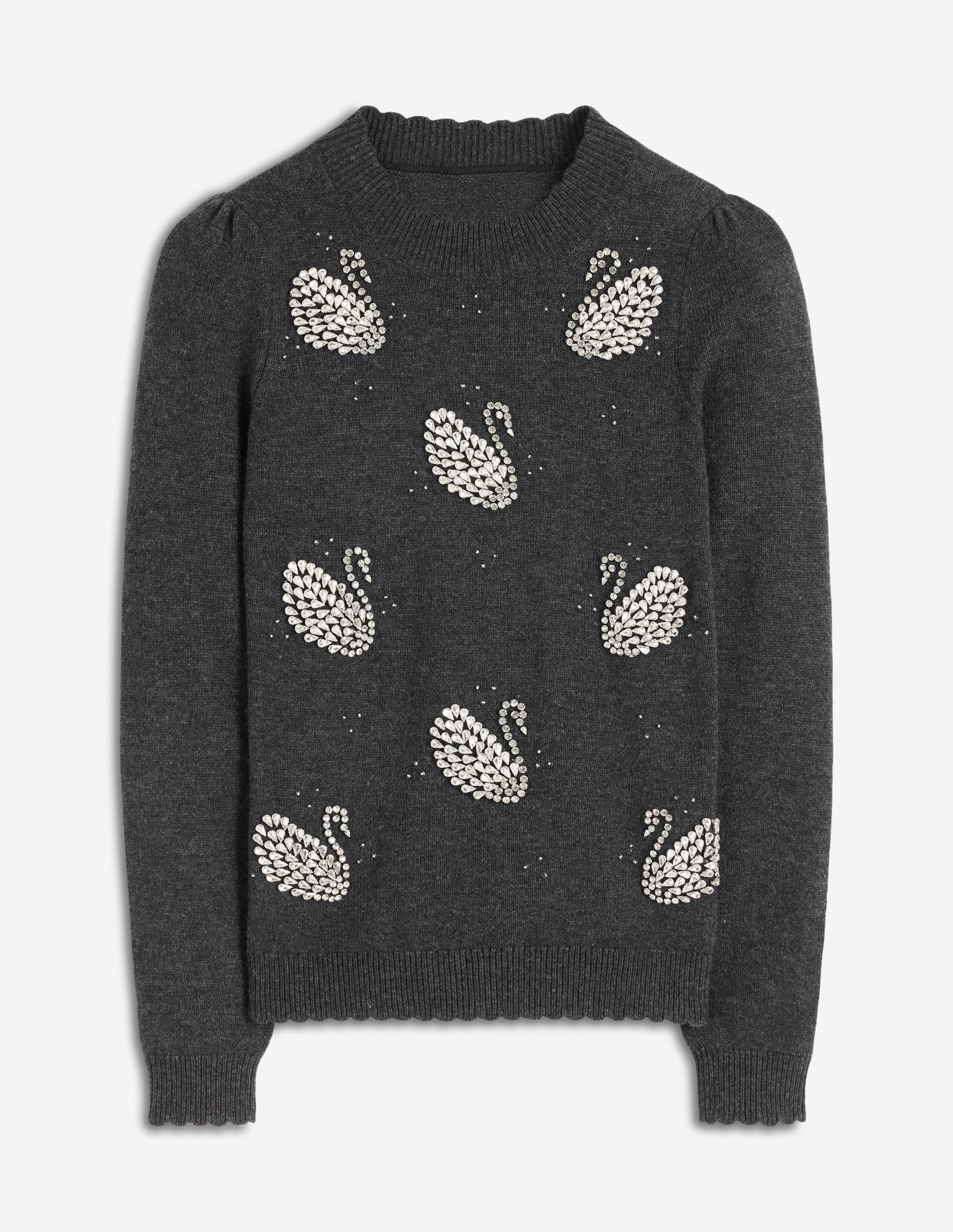 Elizabeth Embellished Sweater-Charcoal Melange Swans | Boden USA Elizabeth Embellished Sweater-Charcoal Melange Swans | Boden USA
