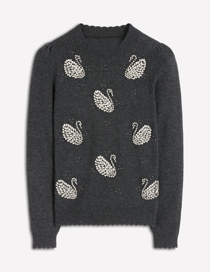 Elizabeth Embellished Sweater-Charcoal Melange Swans-7