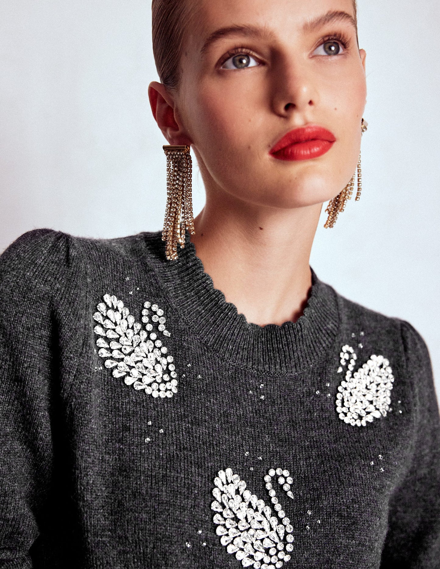 Elizabeth Embellished Sweater-Charcoal Melange Swans