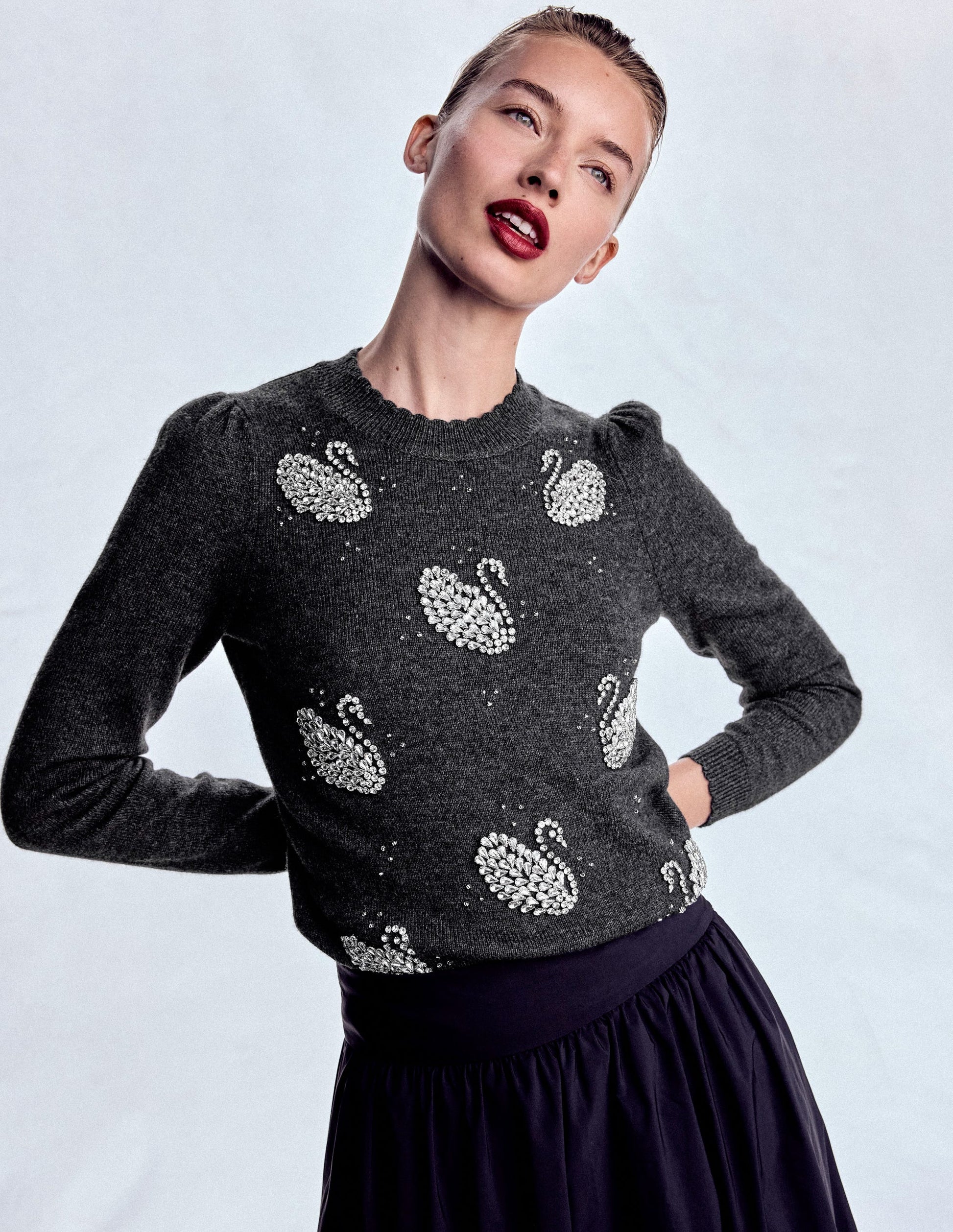 Elizabeth Embellished Sweater-Charcoal Melange Swans-1