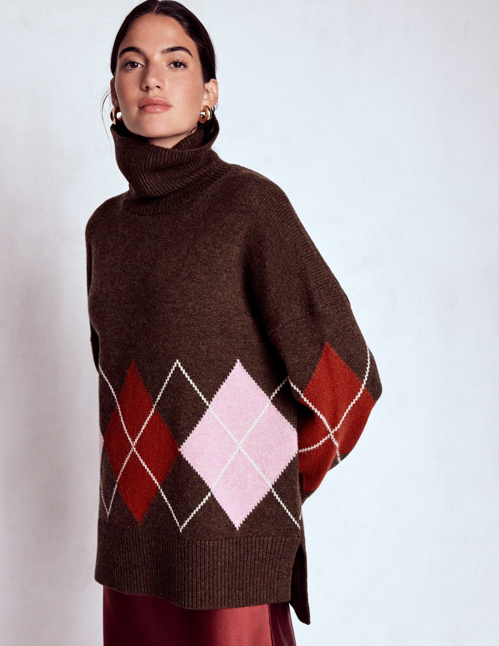 Polly Merino Roll Neck Sweater-Brown, Pink Argyle - Image 1