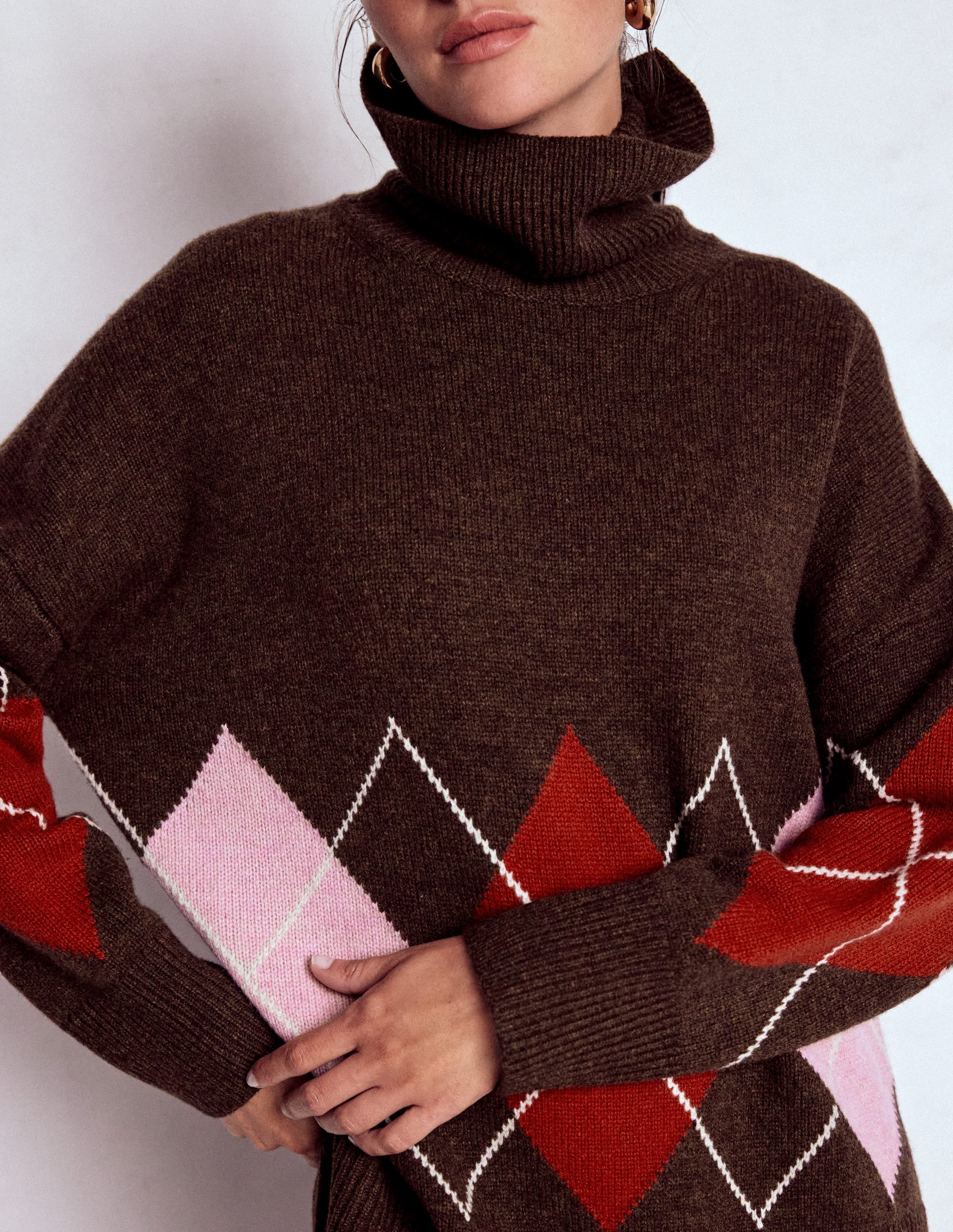Polly Merino Roll Neck Sweater-Brown, Pink Argyle - Image 2