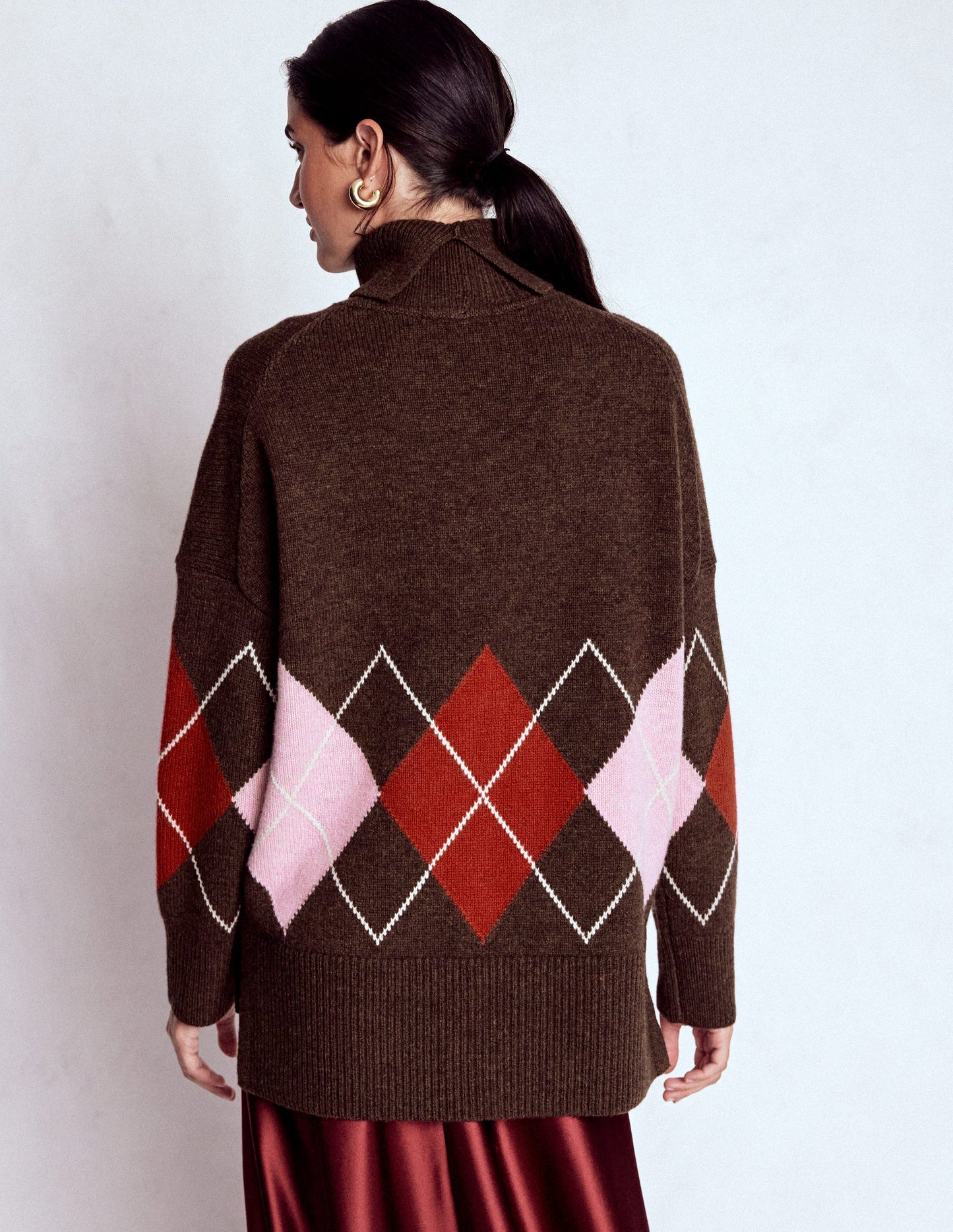 Polly Merino Roll Neck Sweater-Brown, Pink Argyle