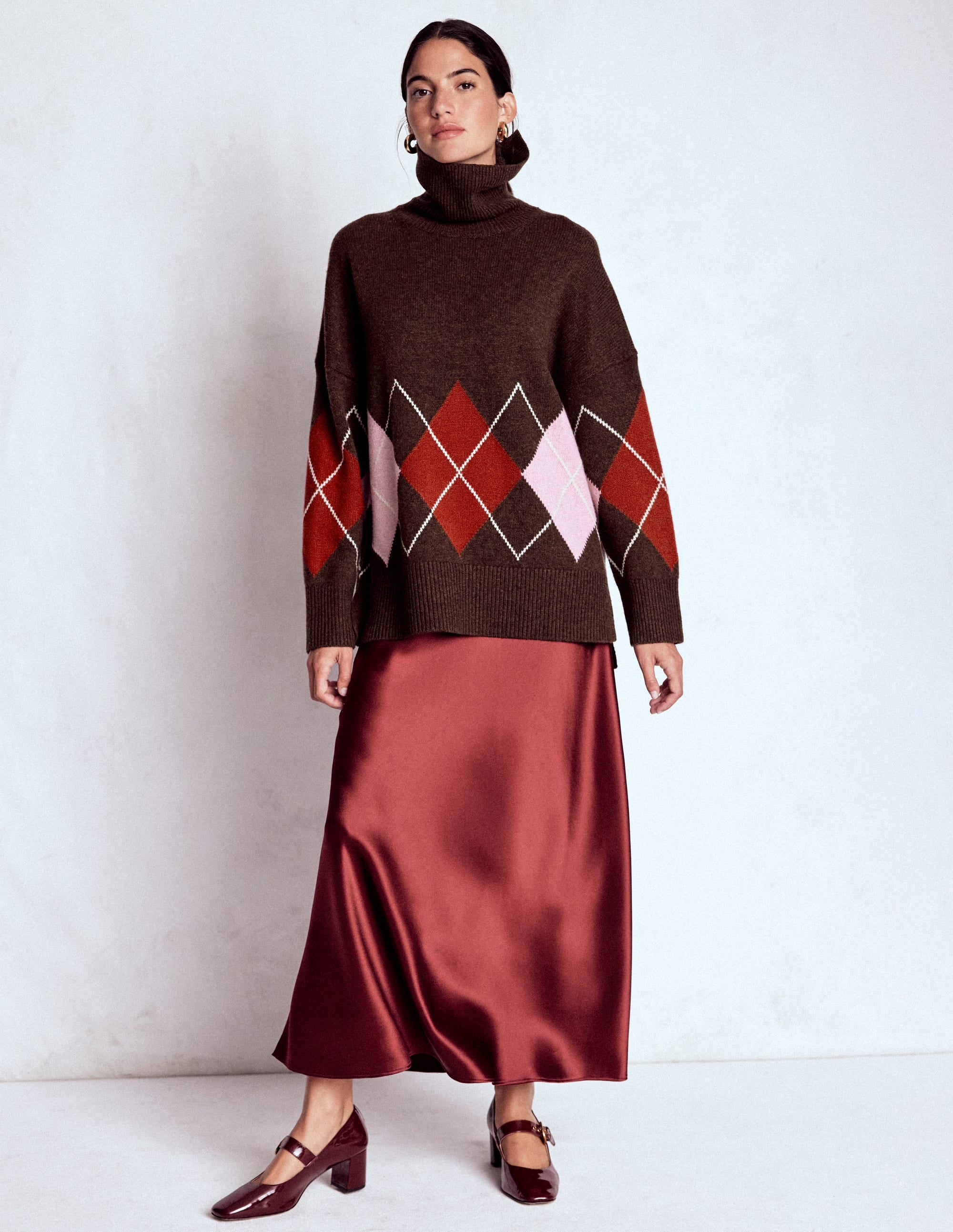Polly Merino Roll Neck Sweater-Brown, Pink Argyle - Image 4