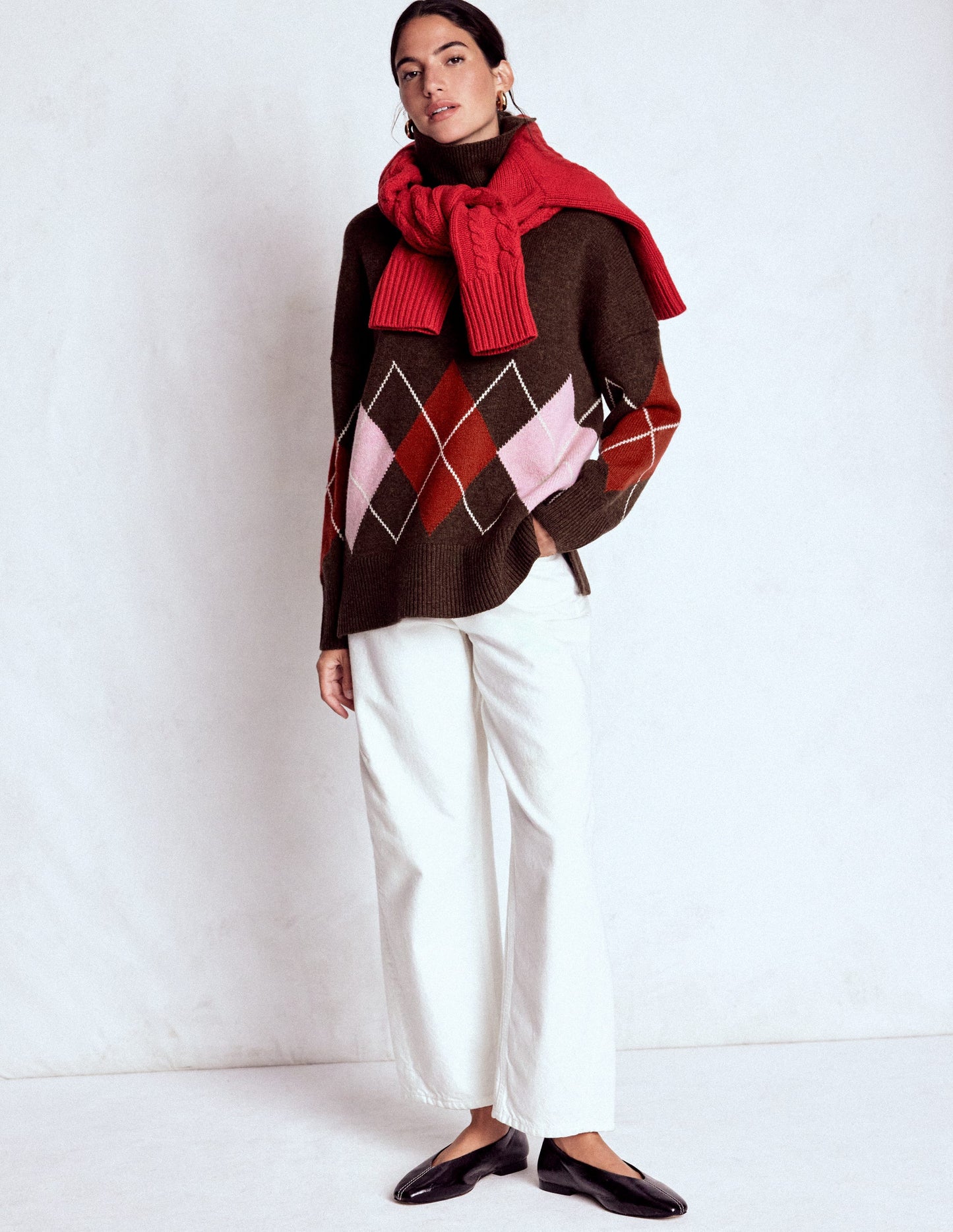 Polly Merino Roll Neck Sweater-Brown, Pink Argyle