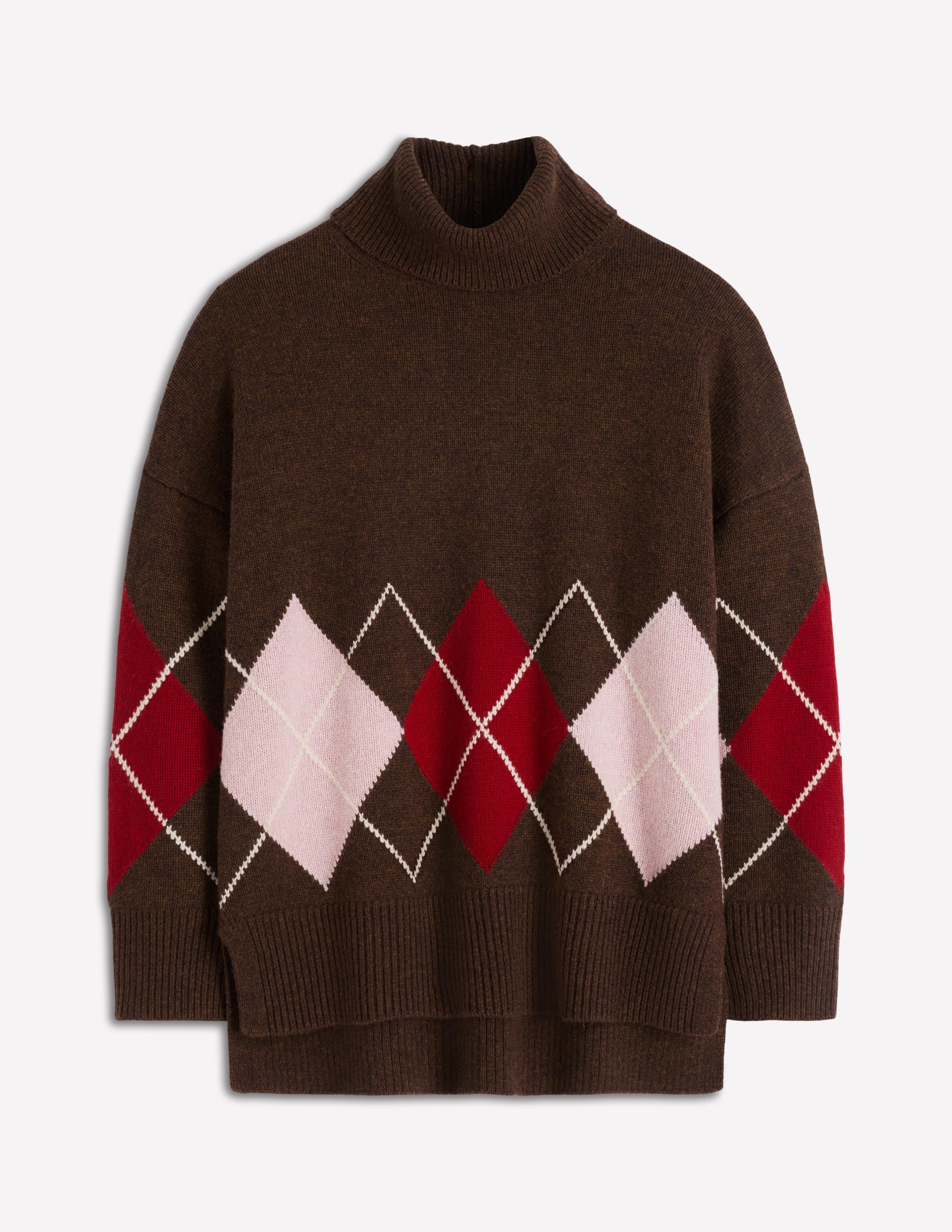 Polly Merino Roll Neck Sweater-Brown, Pink Argyle - Image 7