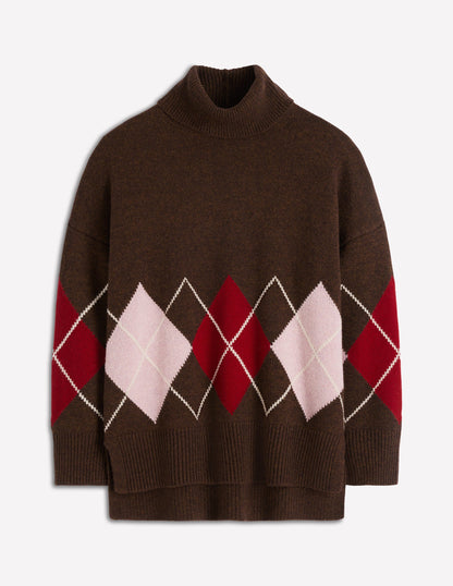 Polly Merino Roll Neck Sweater-Brown, Pink Argyle-7