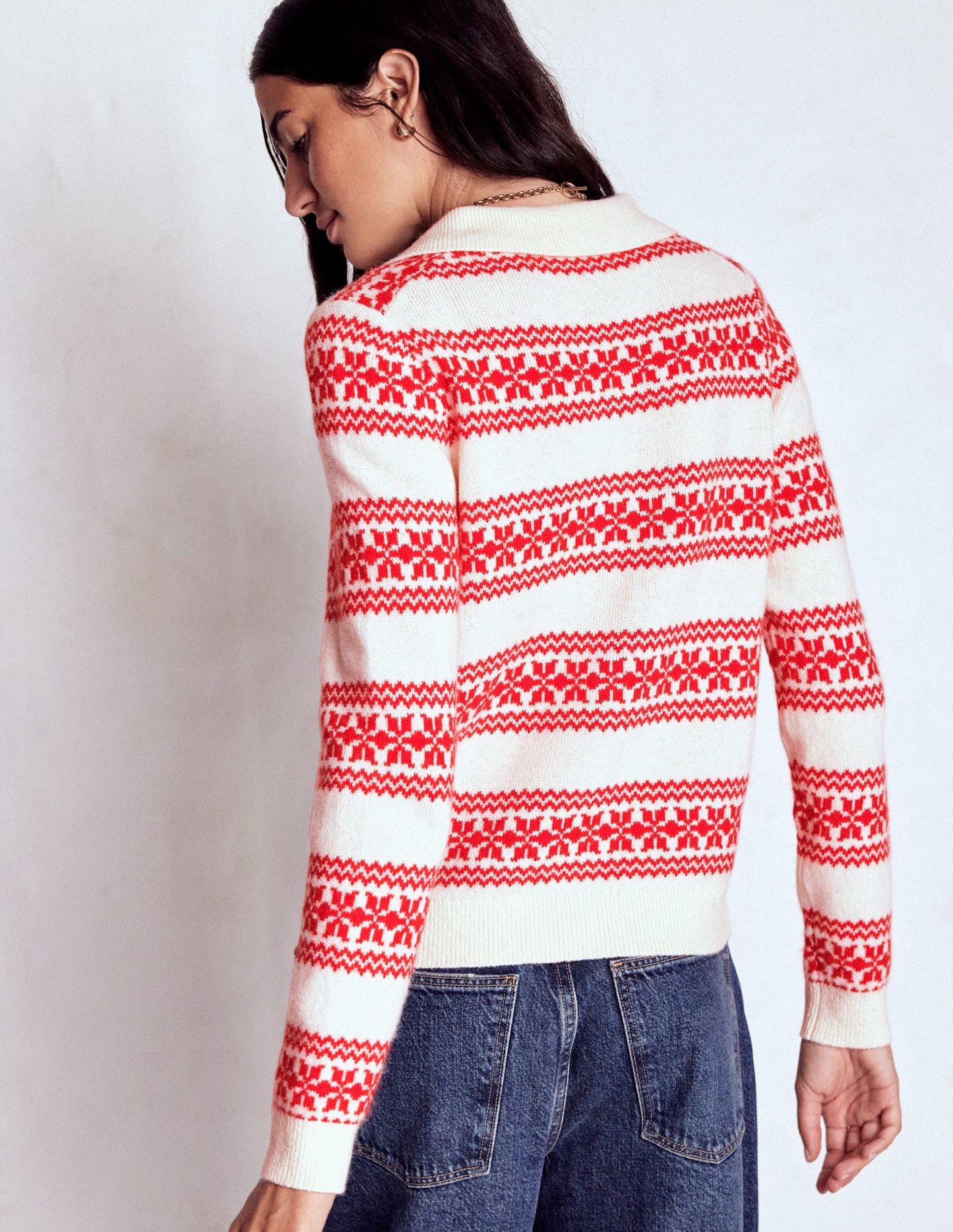 Edie Fair Isle Knitted Shirt-Warm Ivory, Red Fair Isle