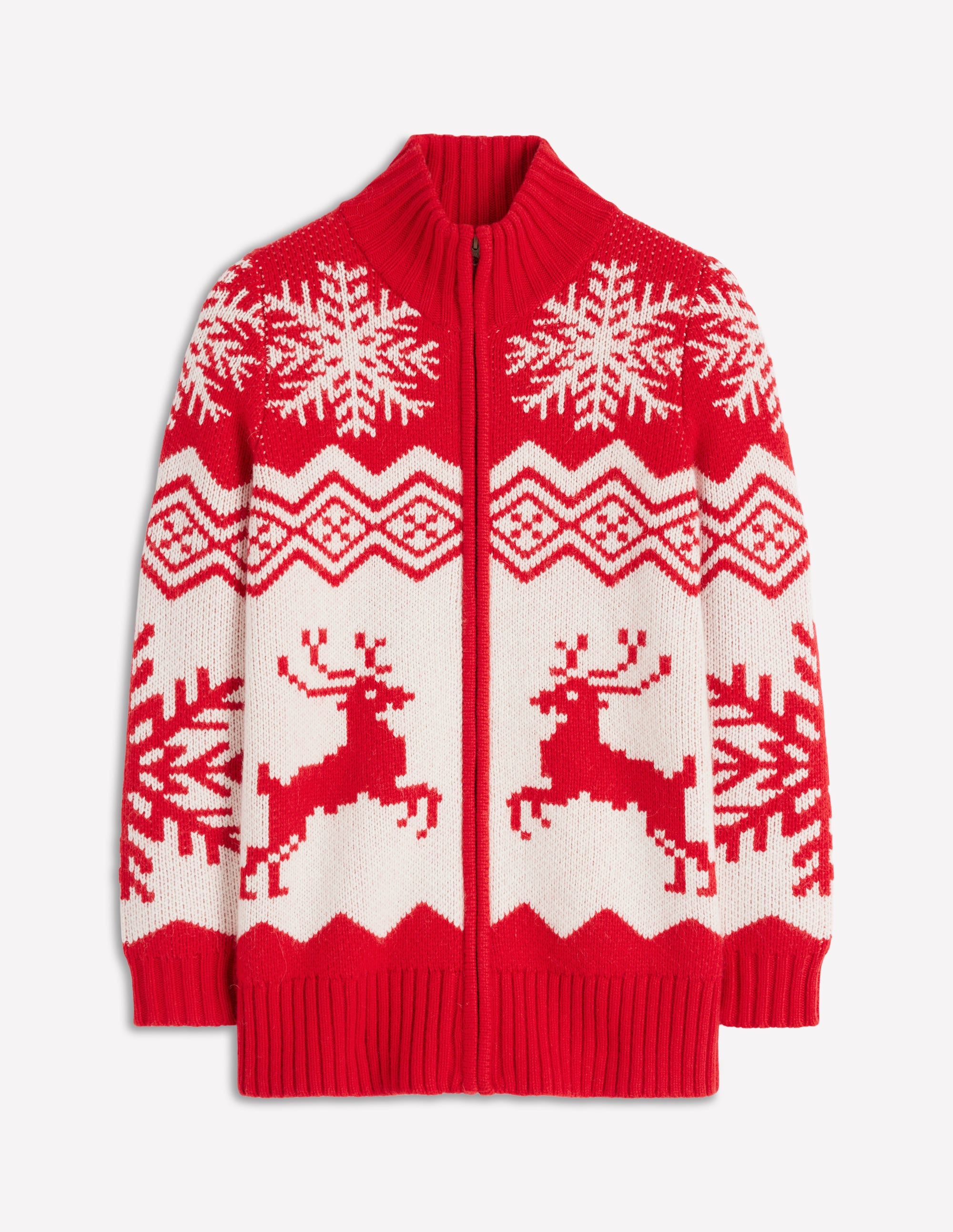 Zip Up Jacquard Cardigan - Poppy Red Reindeer | Boden USA