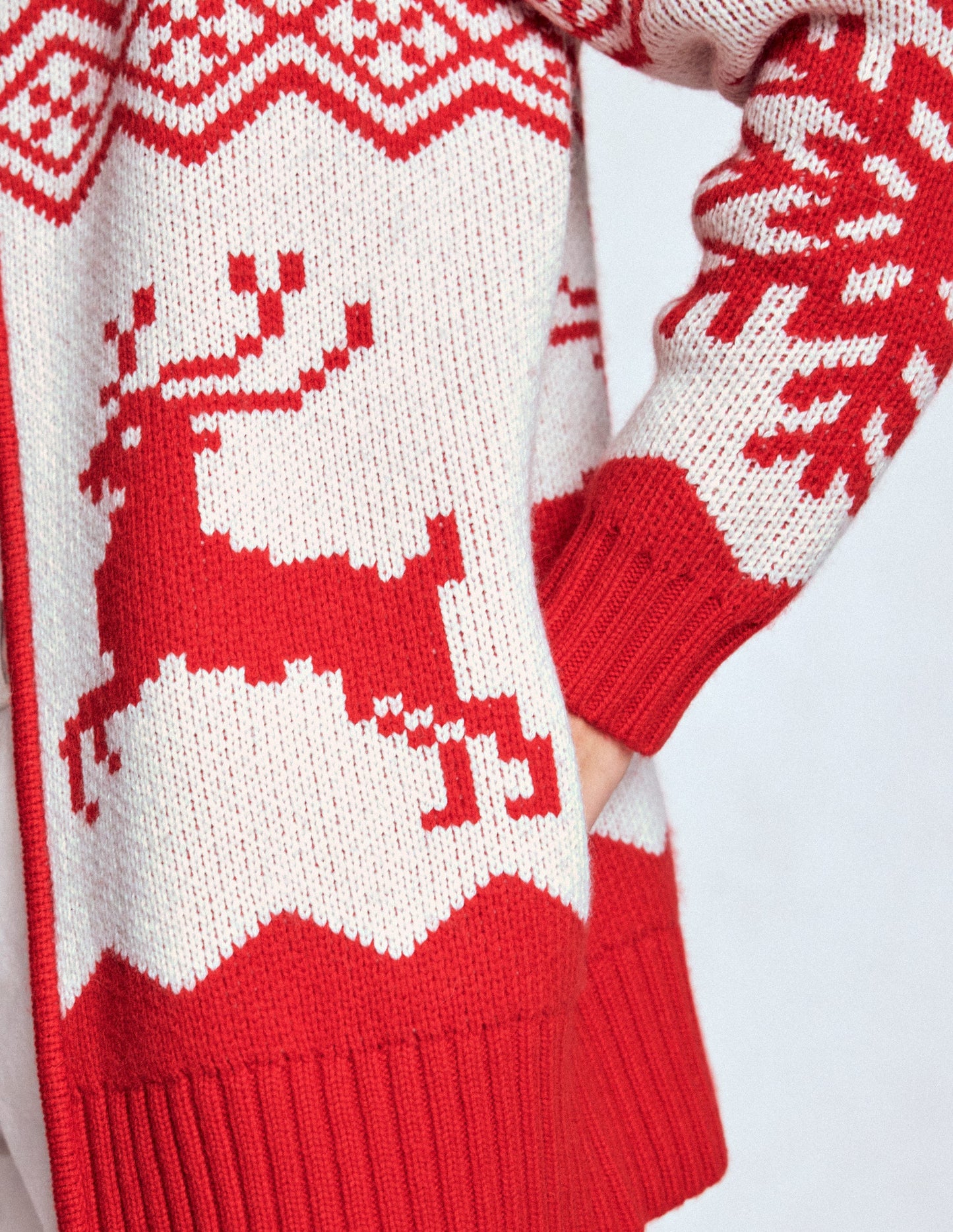 Zip Up Jacquard Cardigan-Poppy Red Reindeer