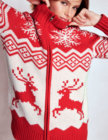 Zip Up Jacquard Cardigan-Poppy Red Reindeer-6
