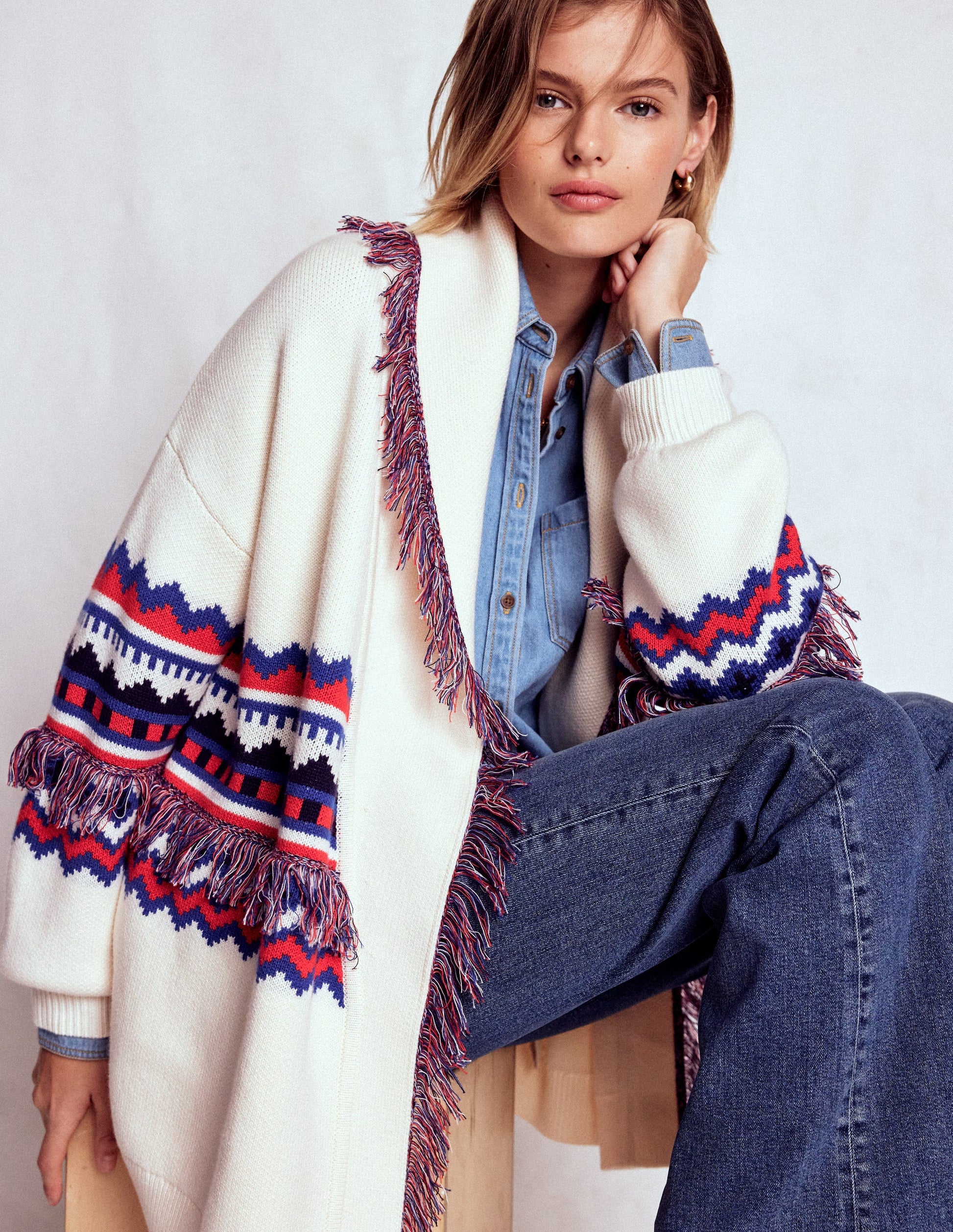 Fringed Jacquard Cardigan-Warm Ivory Melange-1