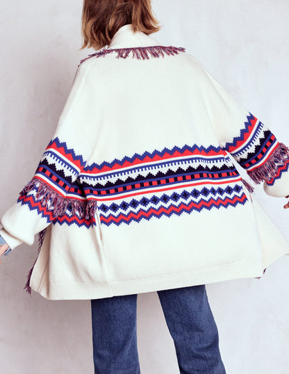Fringed Jacquard Cardigan-Warm Ivory Melange-3