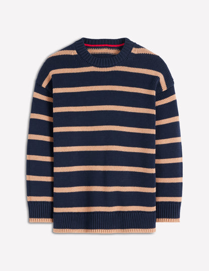 Lucy Oversized Cotton Jumper-Navy/ Camel Melange-5