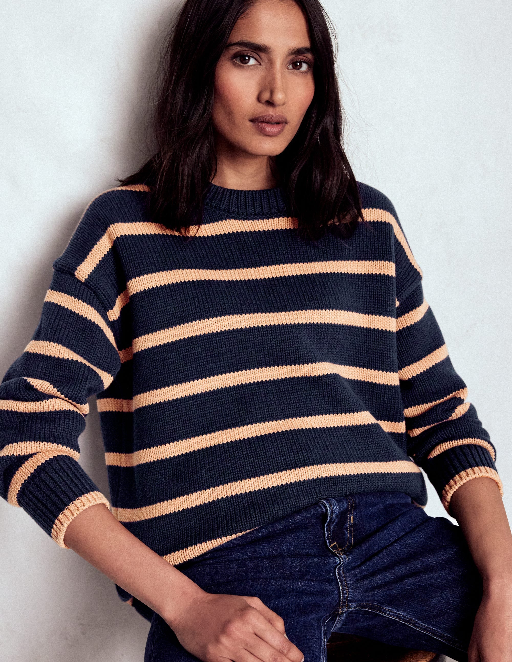 Lucy Oversized Cotton Jumper-Navy/ Camel Melange - Image 1