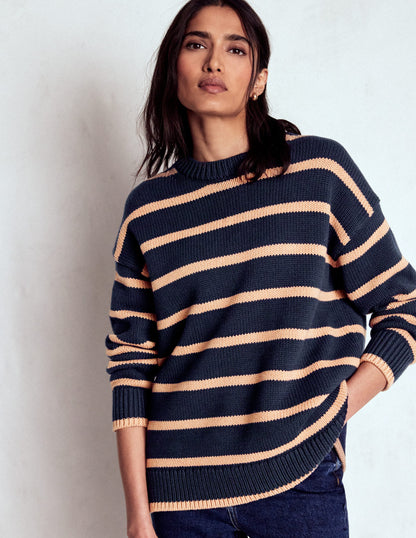 Lucy Oversized Cotton Jumper-Navy/ Camel Melange-4