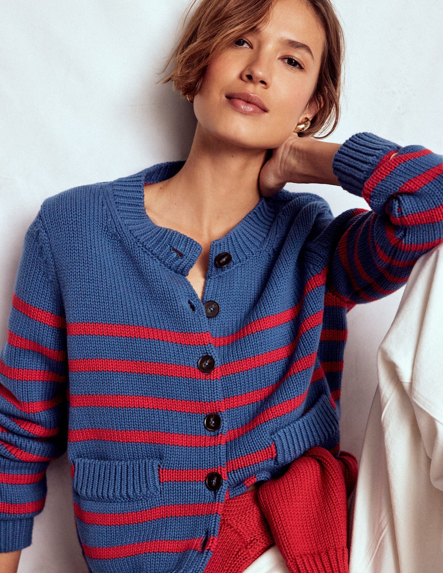 Lucy Chunky Cotton Cardigan-Soft Navy and Red Stripe
