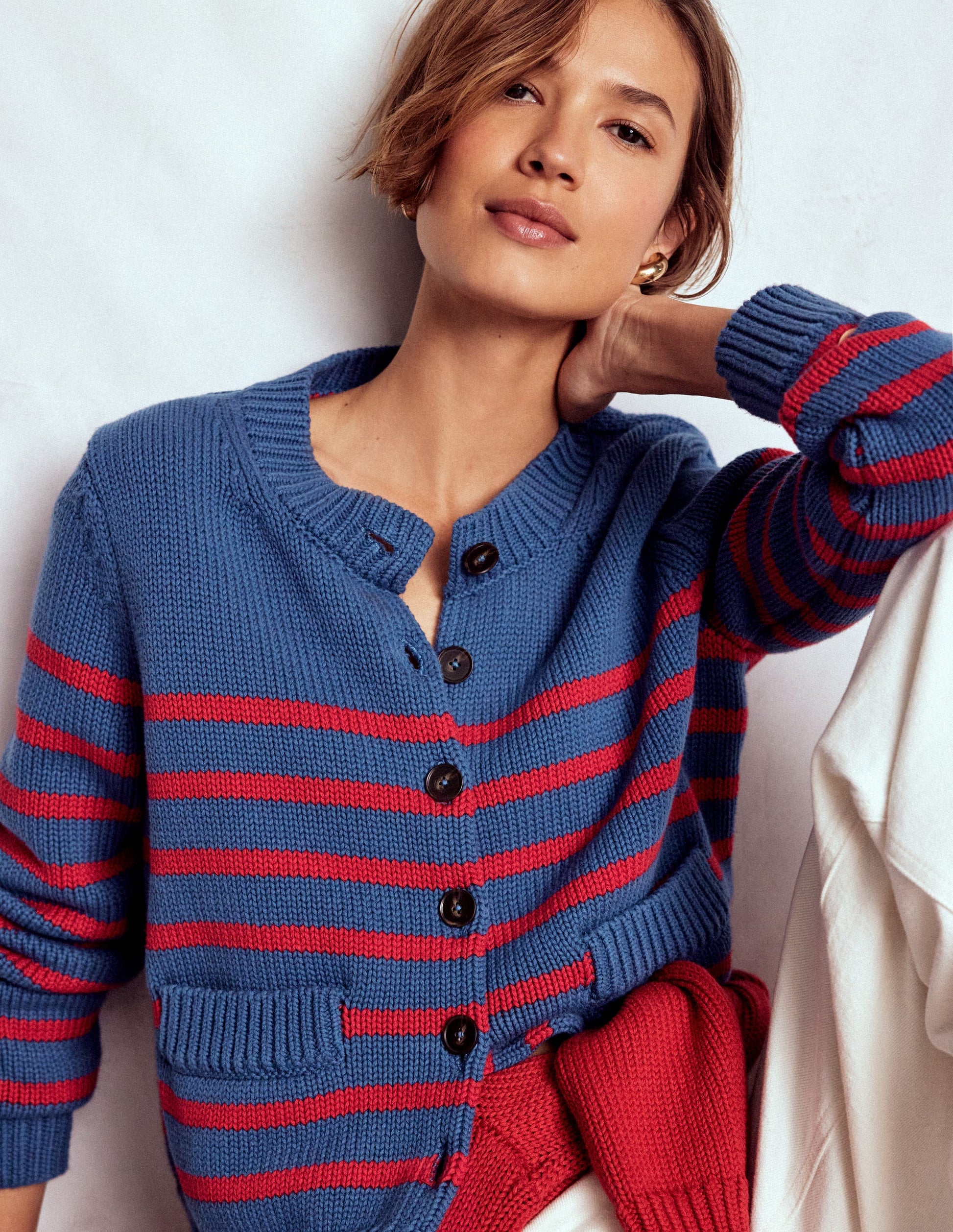 Lucy Chunky Cotton Cardigan-Soft Navy and Red Stripe-3