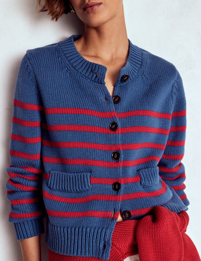 Lucy Chunky Cotton Cardigan-Soft Navy and Red Stripe-4