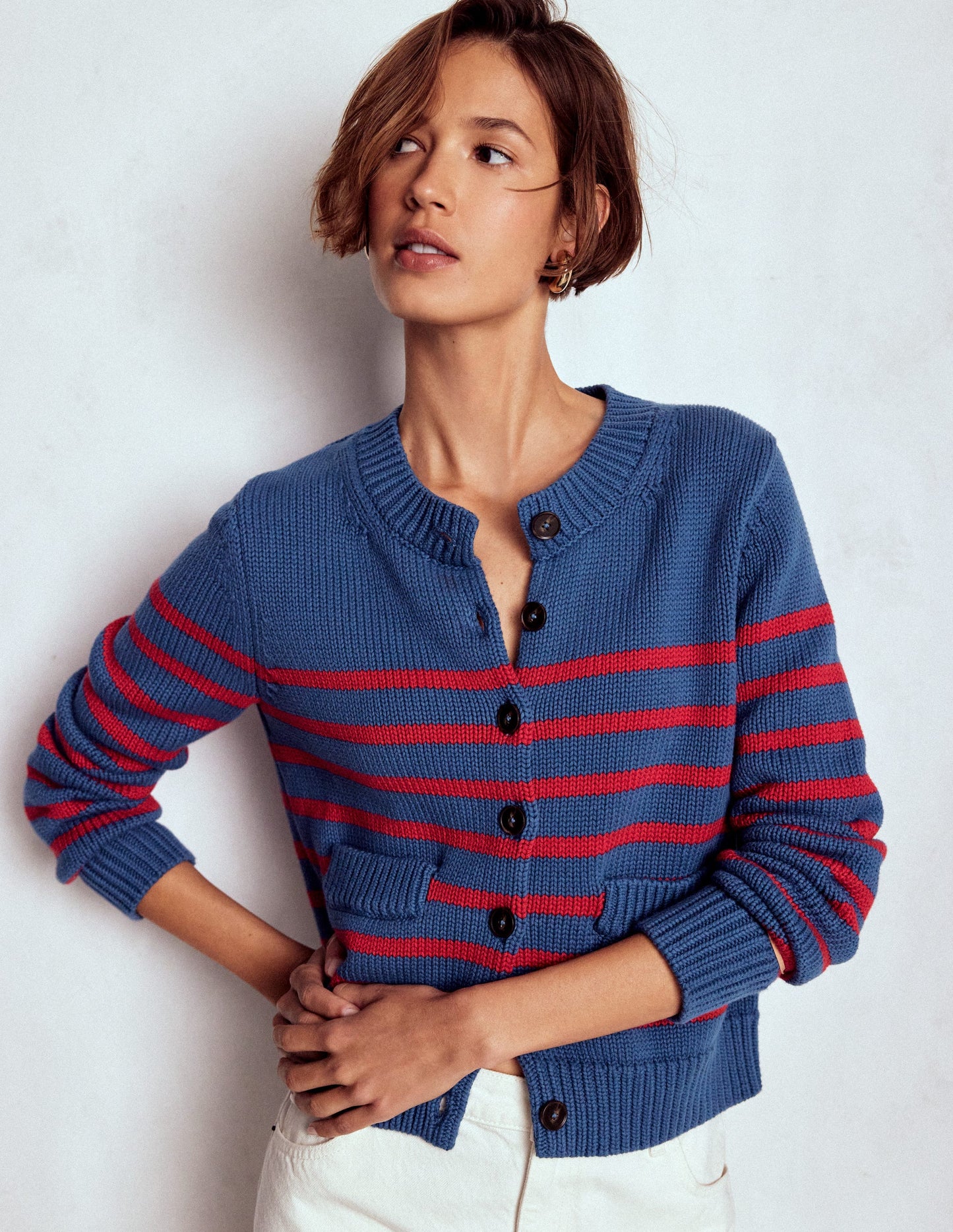 Lucy Chunky Cotton Cardigan-Soft Navy and Red Stripe