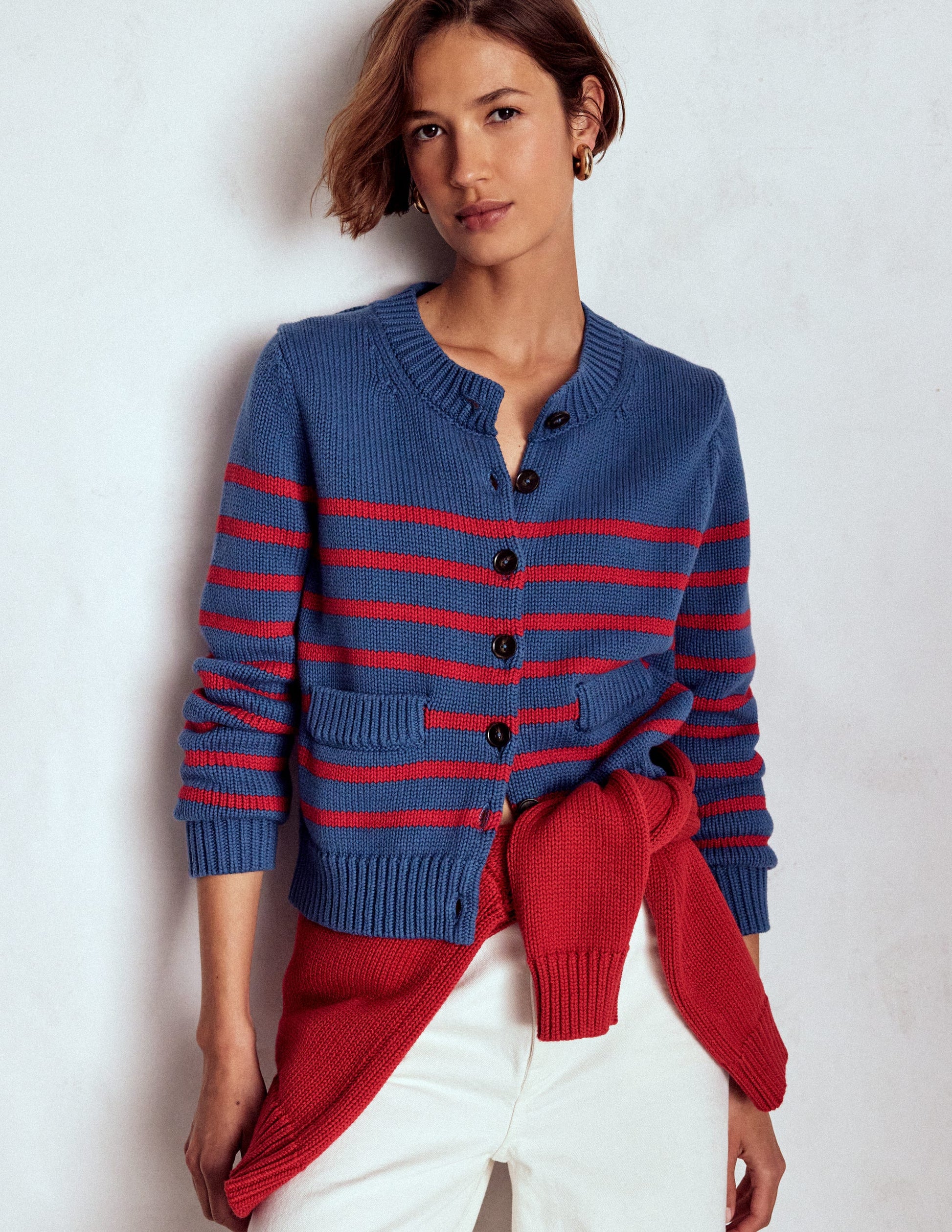 Lucy Chunky Cotton Cardigan-Soft Navy and Red Stripe-7