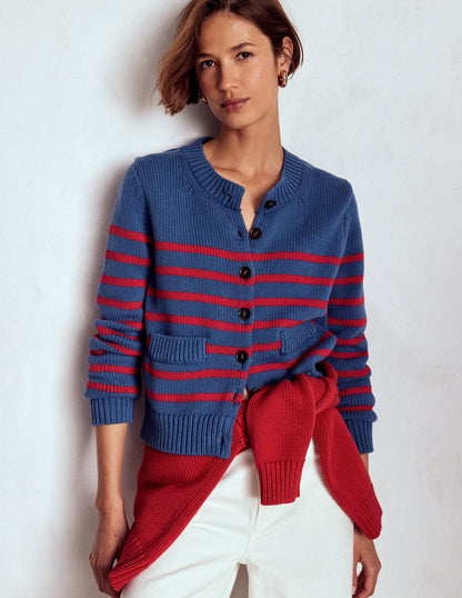 Lucy Chunky Cotton Cardigan-Soft Navy and Red Stripe-7
