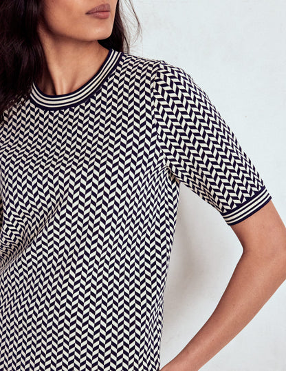 Jacquard Knitted T-Shirt-Navy/ Ivory Dogtooth-2