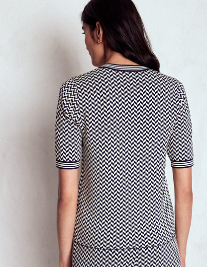 Jacquard Knitted T-Shirt-Navy/ Ivory Dogtooth-3