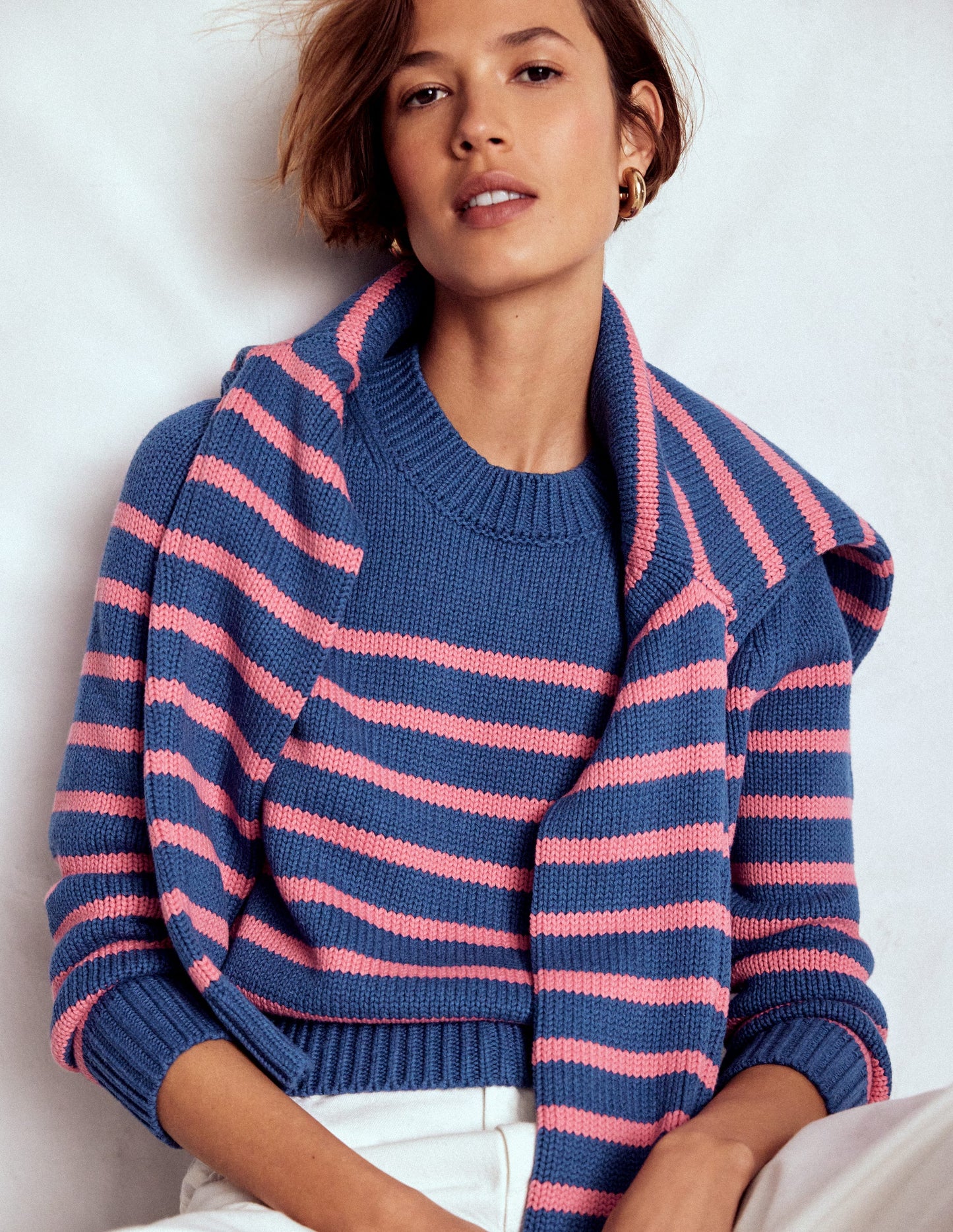 Lucy Chunky Cotton Sweater-Blue, Pink Stripe