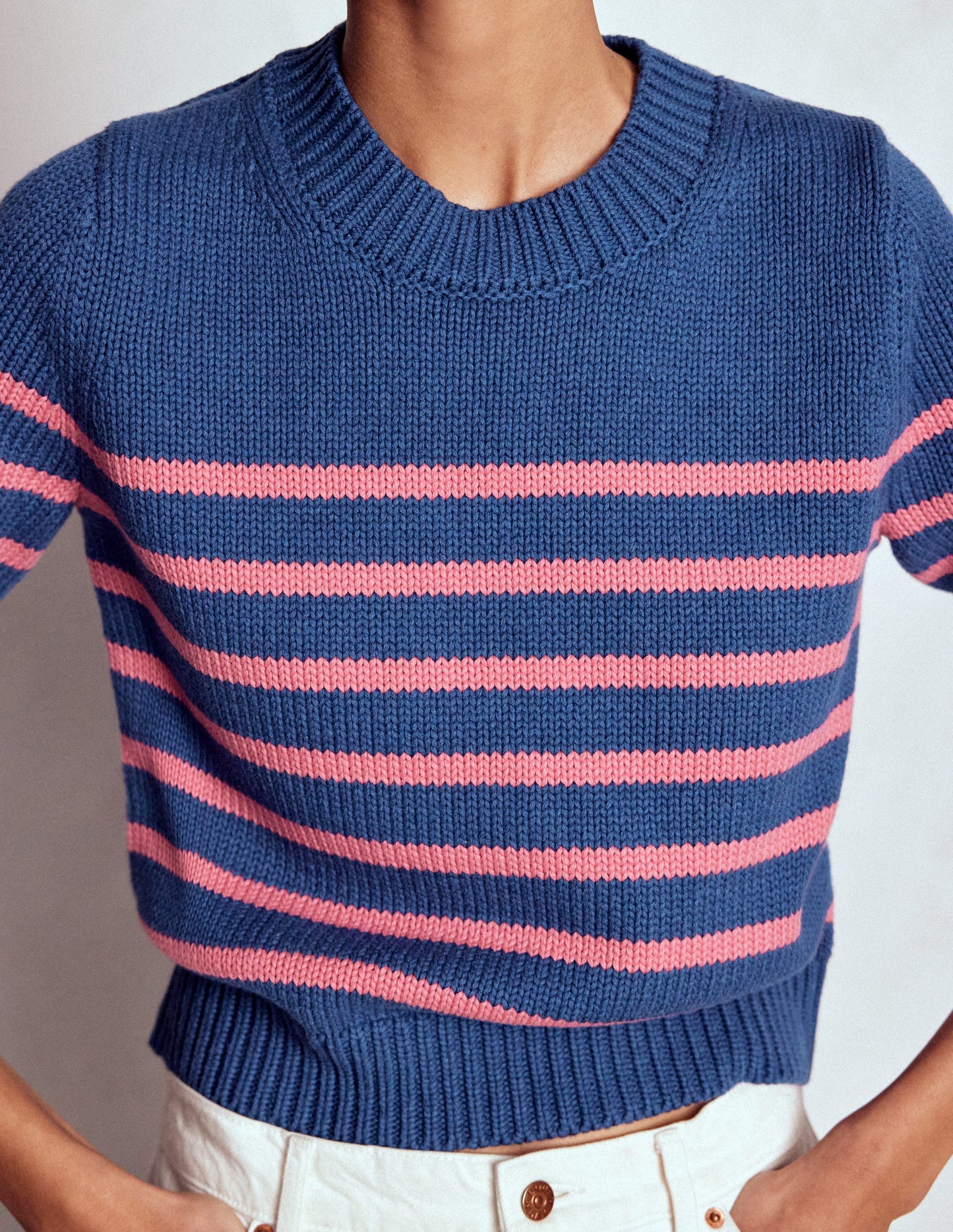 Lucy Chunky Cotton Sweater-Blue, Pink Stripe