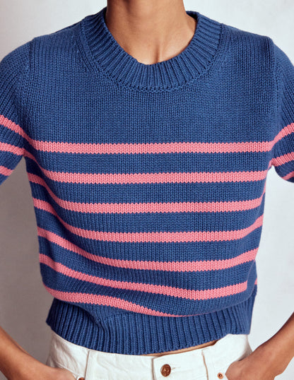 Lucy Chunky Cotton Sweater-Blue, Pink Stripe-4