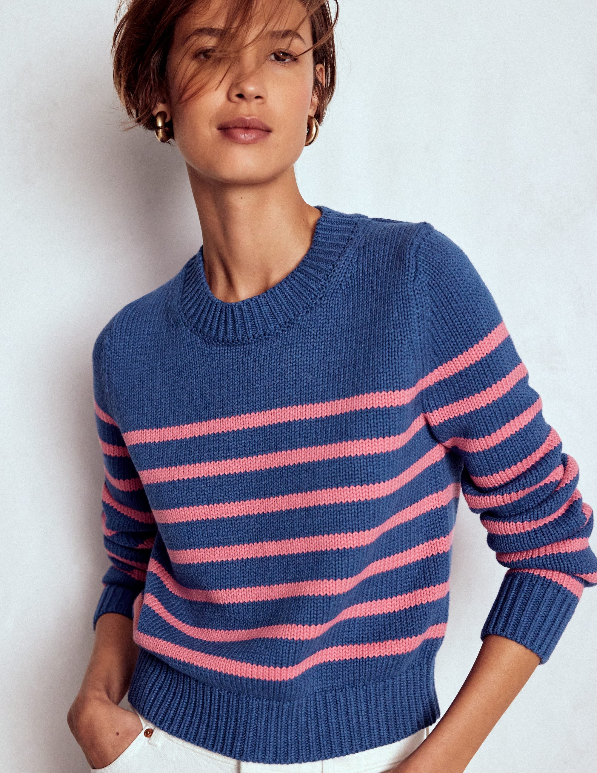 Lucy Chunky Cotton Sweater-Blue, Pink Stripe - Image 4