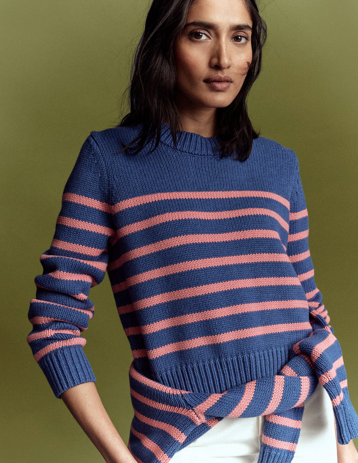 Lucy Chunky Cotton Sweater-Blue, Pink Stripe