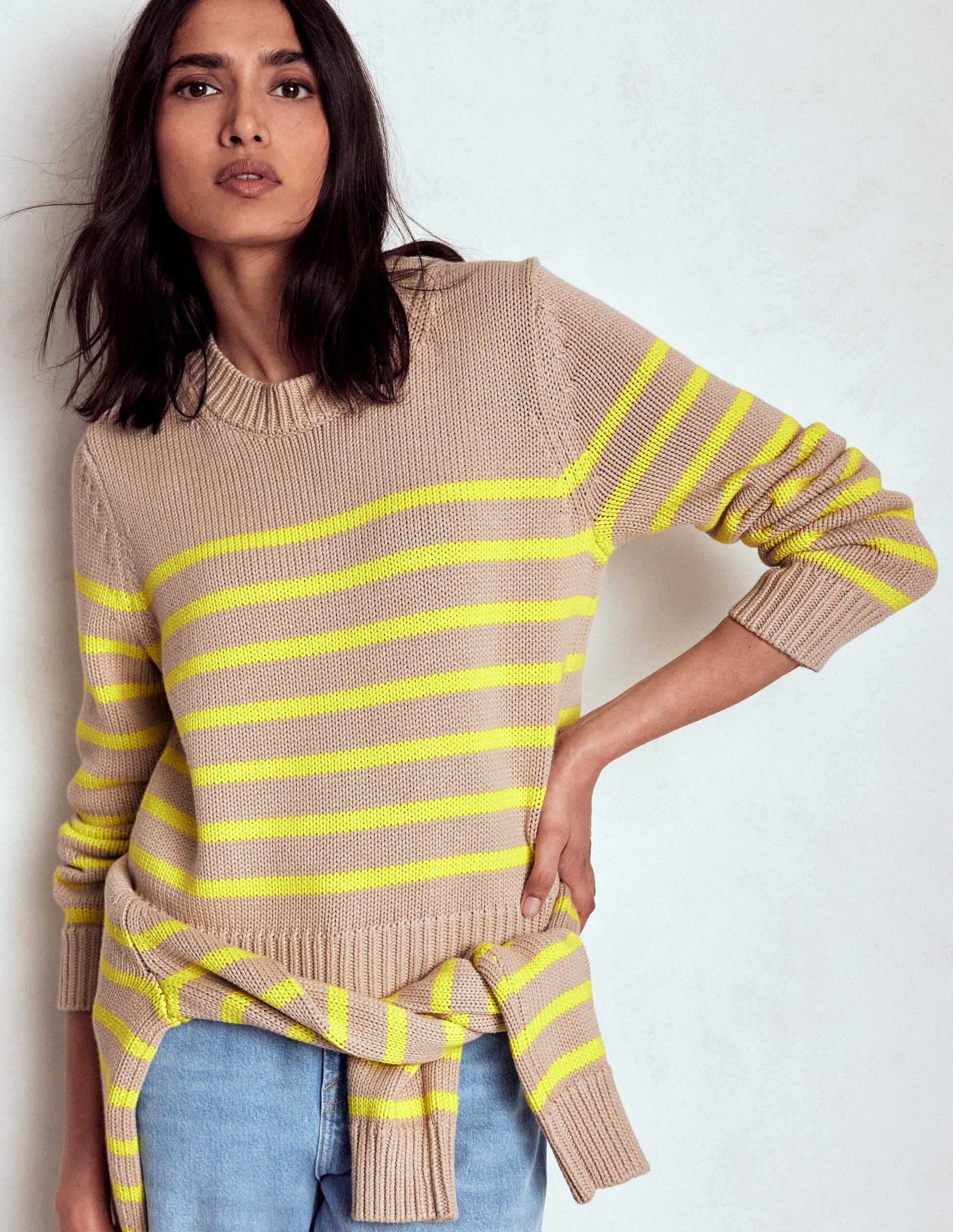 Lucy Chunky Cotton Sweater-Camel Melange, Neon Stripe-3
