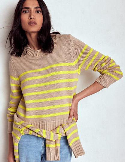 Lucy Chunky Cotton Sweater-Camel Melange, Neon Stripe-3