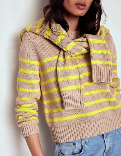 Lucy Chunky Cotton Sweater-Camel Melange, Neon Stripe-4