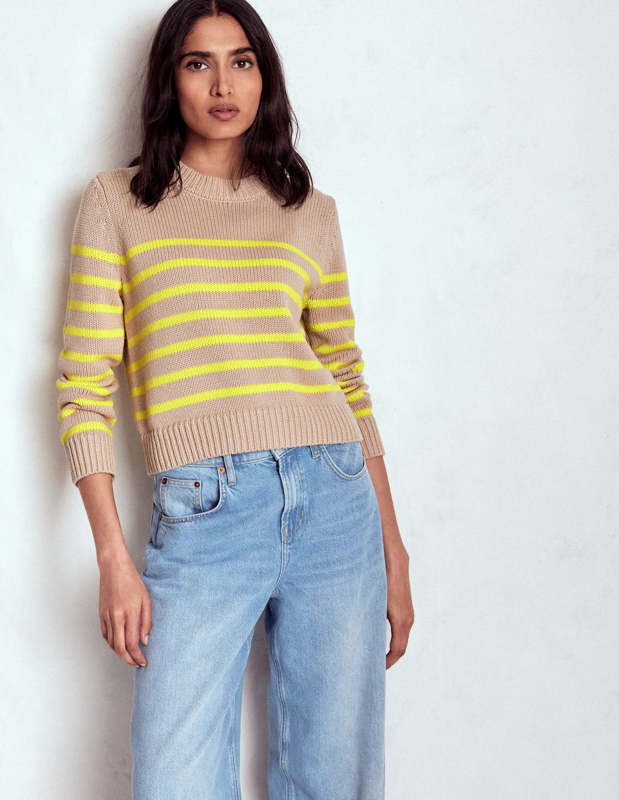Lucy Chunky Cotton Sweater-Camel Melange, Neon Stripe - Image 6
