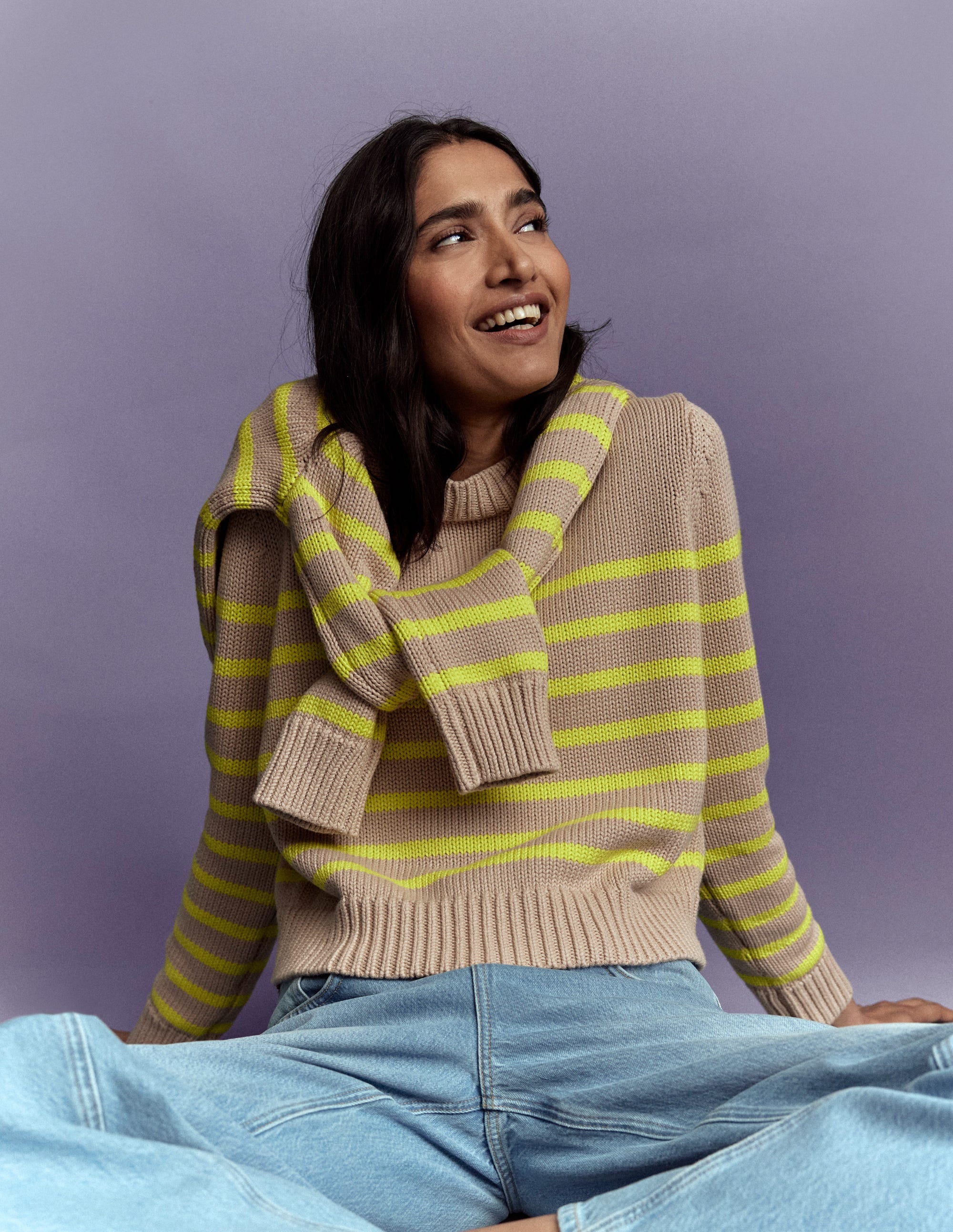Lucy Chunky Cotton Sweater-Camel Melange, Neon Stripe - Image 1