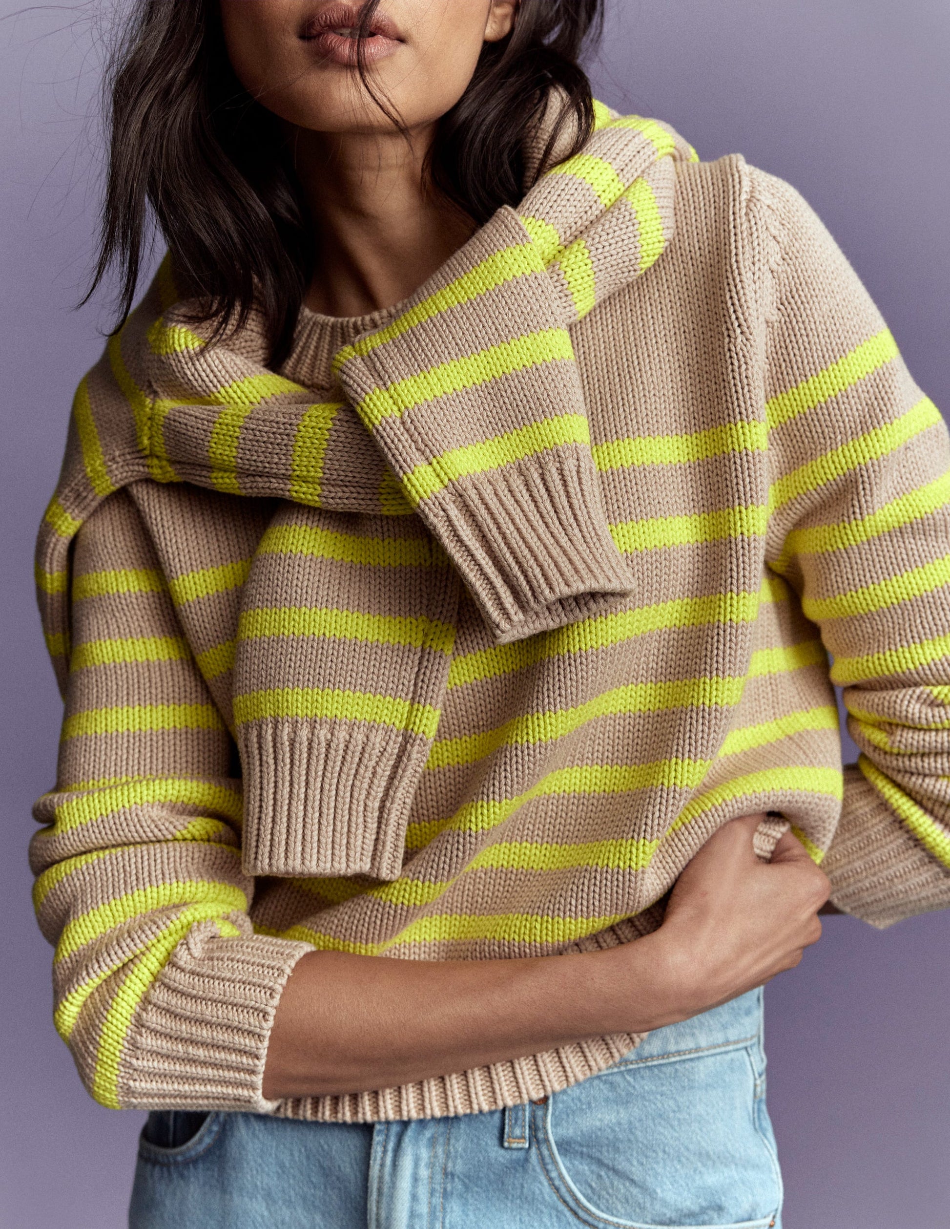 Lucy Chunky Cotton Sweater-Camel Melange, Neon Stripe-2