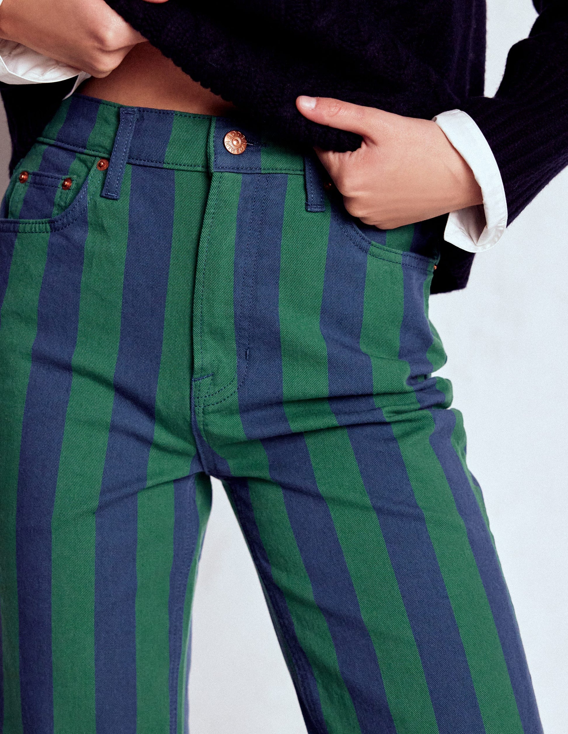 High Rise Stripe Jeans-Green and Navy Stripe-2
