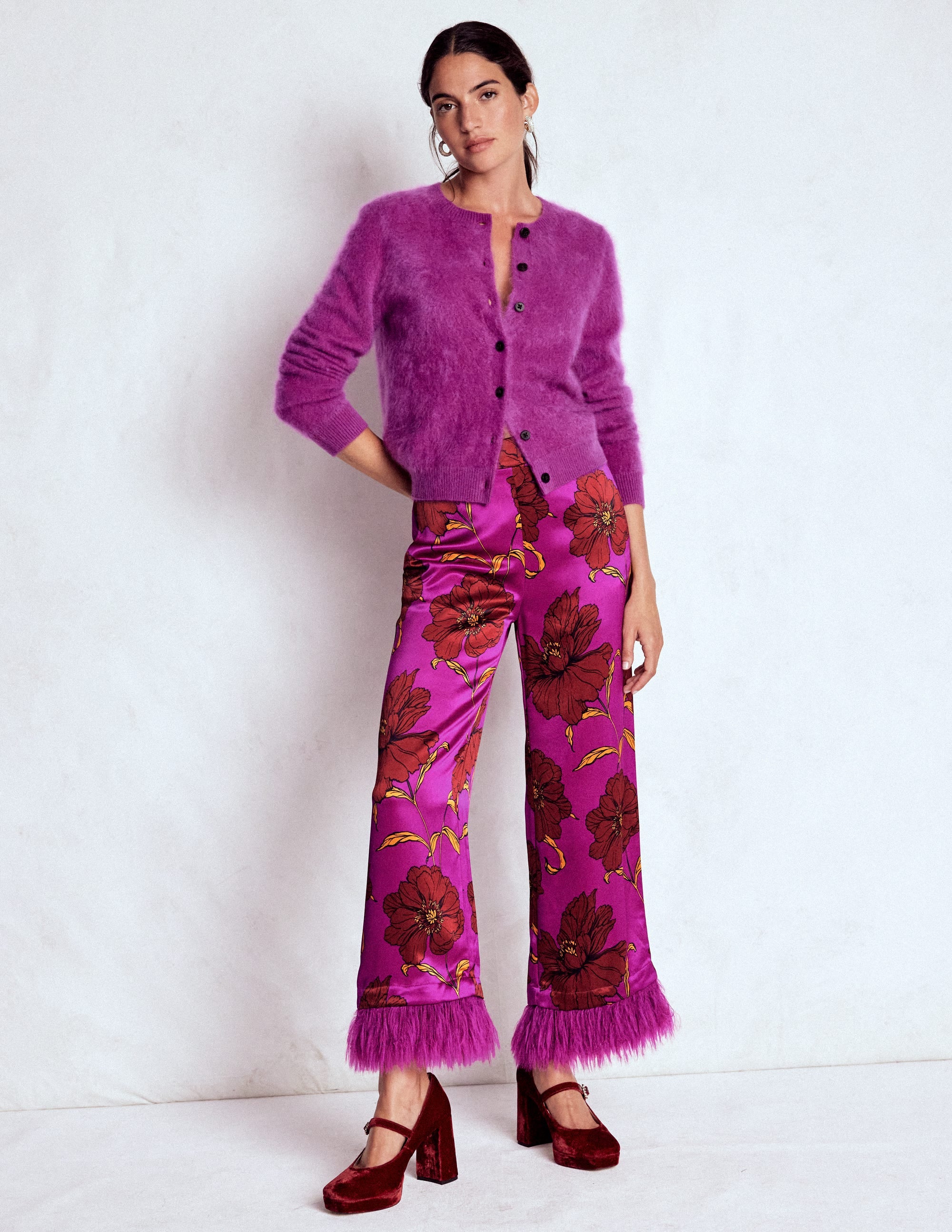 Faux Feather Trim Pants-Regal Purple, Peony Bloom - Image 1