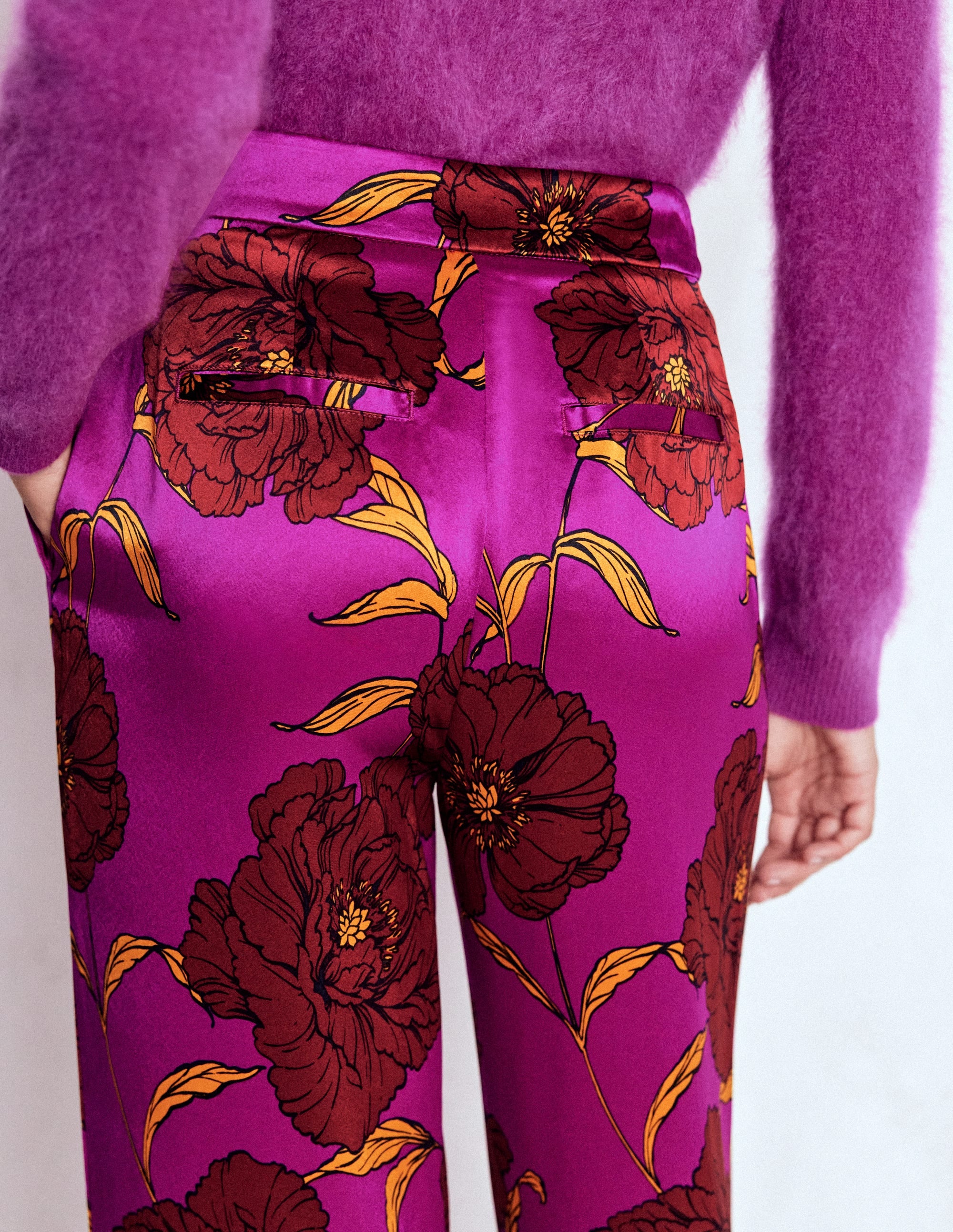 Faux Feather Trim Pants-Regal Purple, Peony Bloom - Image 2